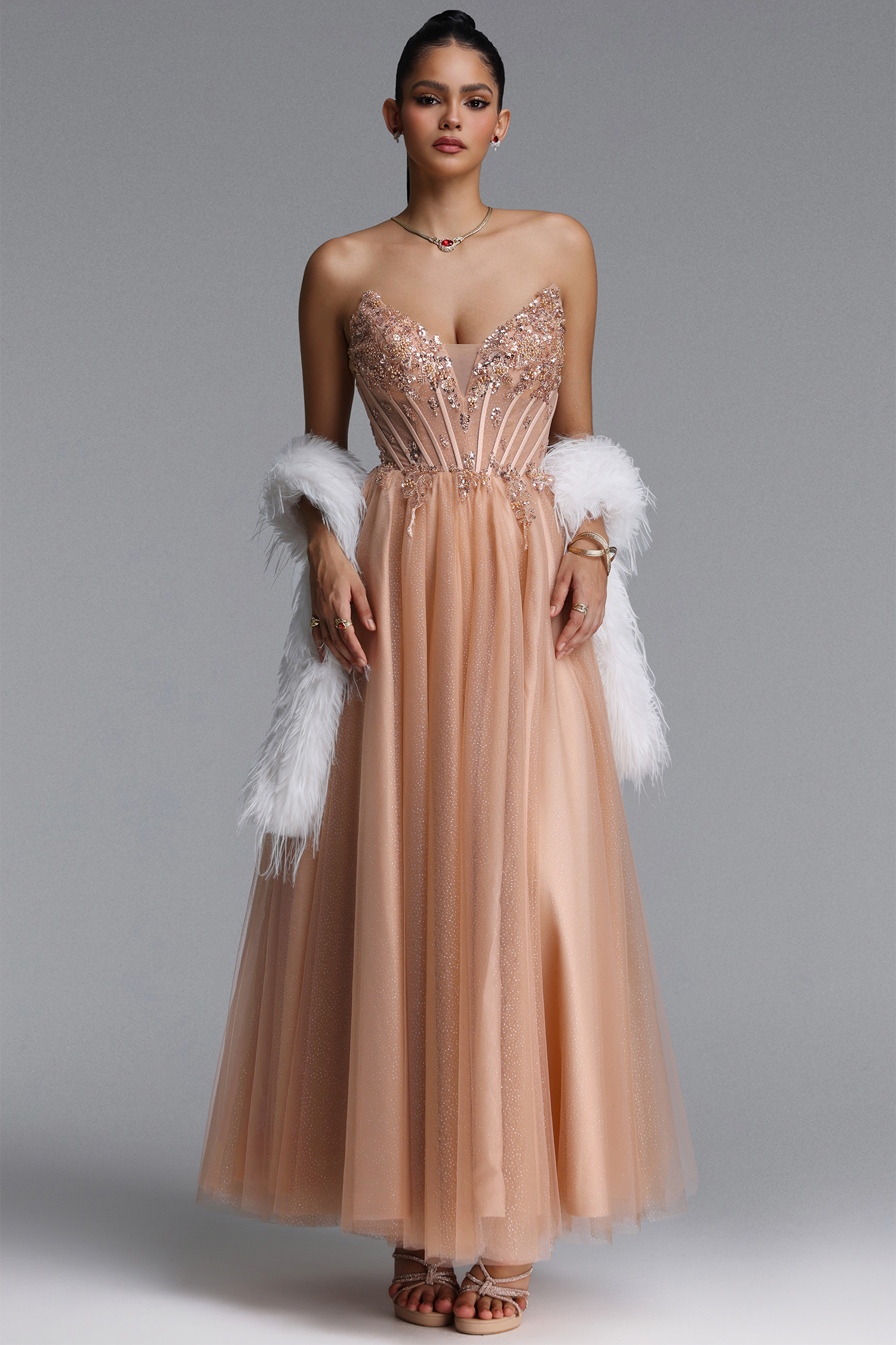 strapless beige maxi dress Naida Elegant Corset Floral Glitter Tulle – Bellabarnett Complete the look with Style-Color-Dim:AP1D106567_CE980_M black wedding lace dress Color::#46-Strong Coffee