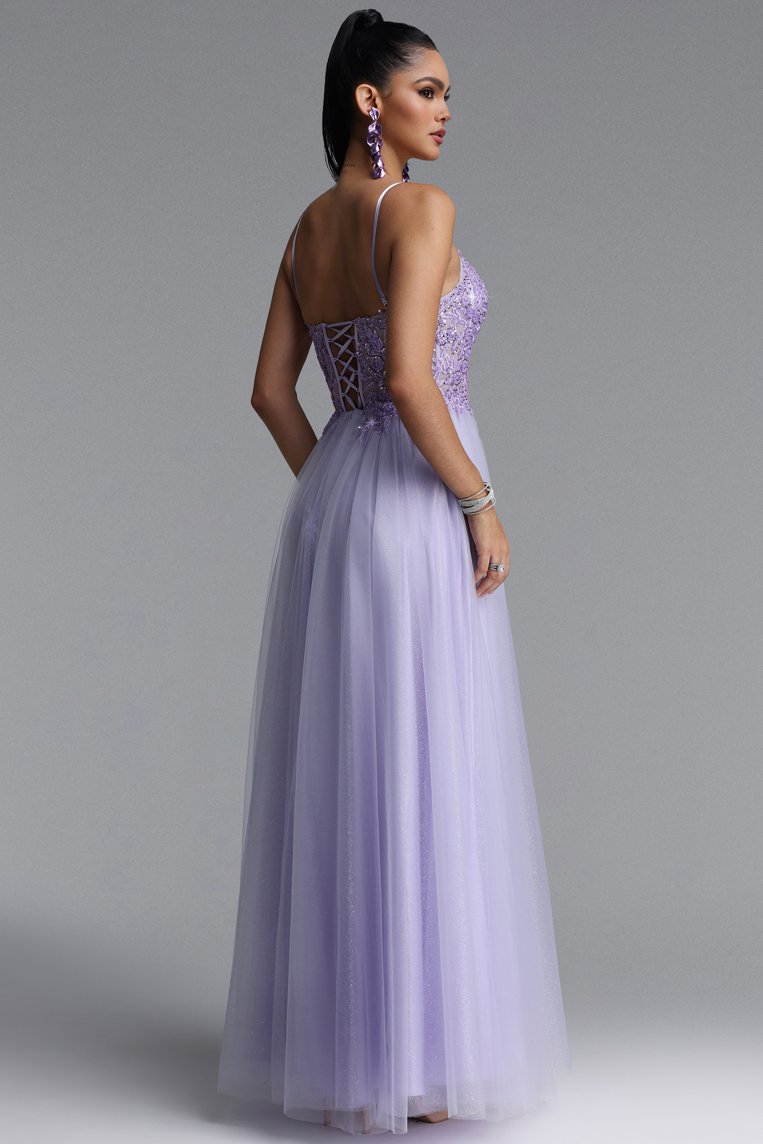 Fanny Elegant Sleeveless V Neck Floral Lace Tulle Maxi Dress