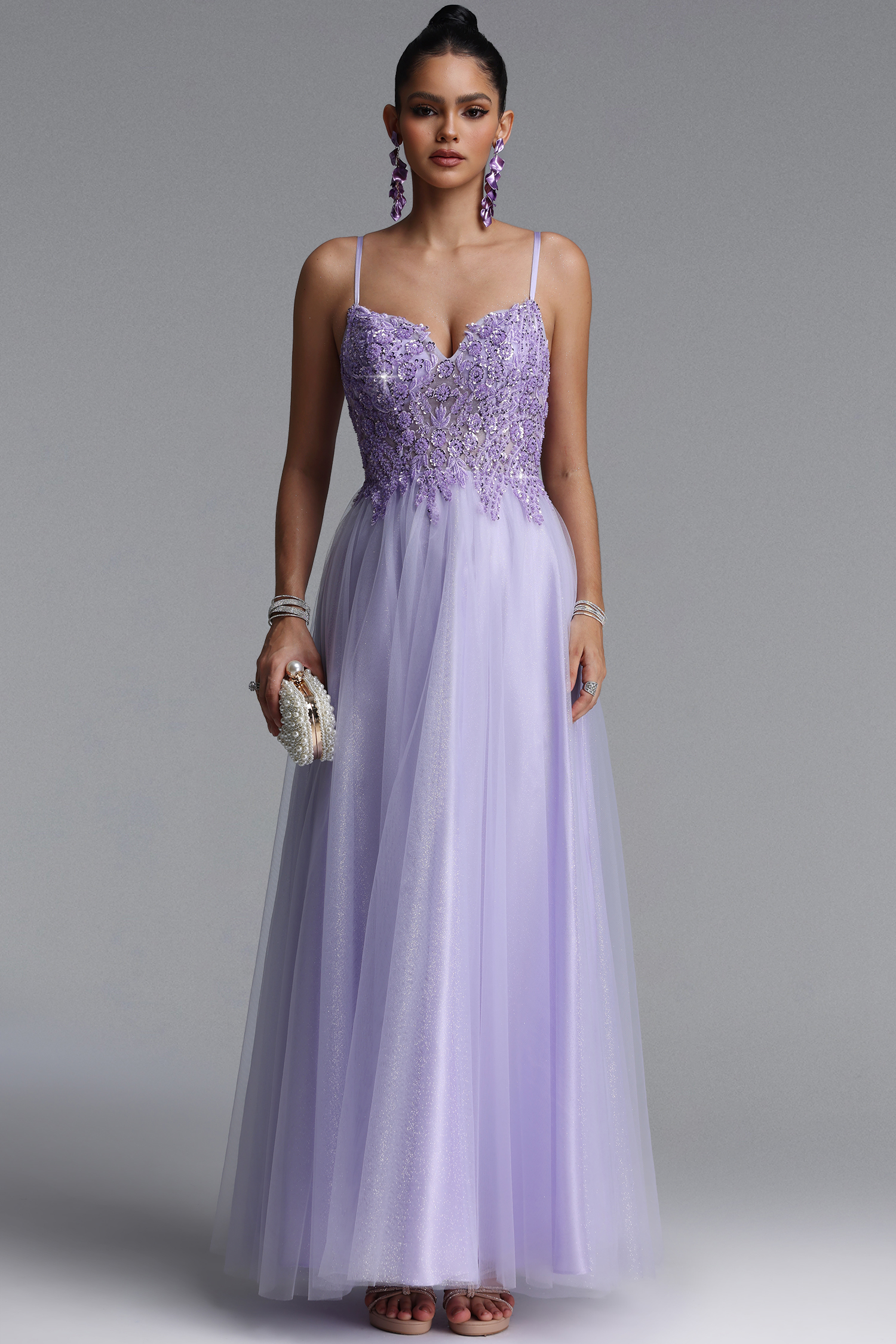 Fanny Elegant Sleeveless V Neck Floral Lace Tulle Maxi Dress