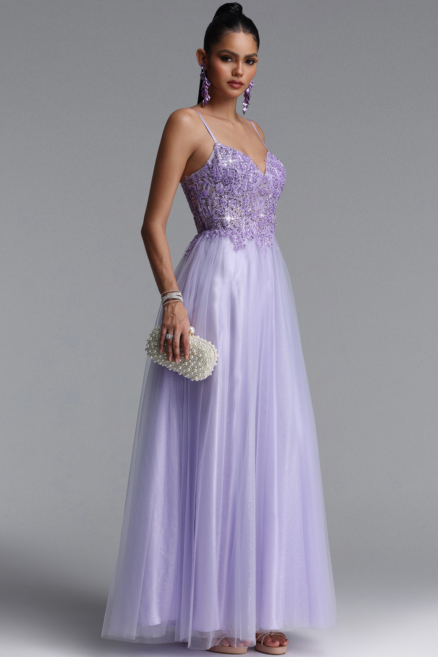 Fanny Elegant Sleeveless V Neck Floral Lace Tulle Maxi Dress