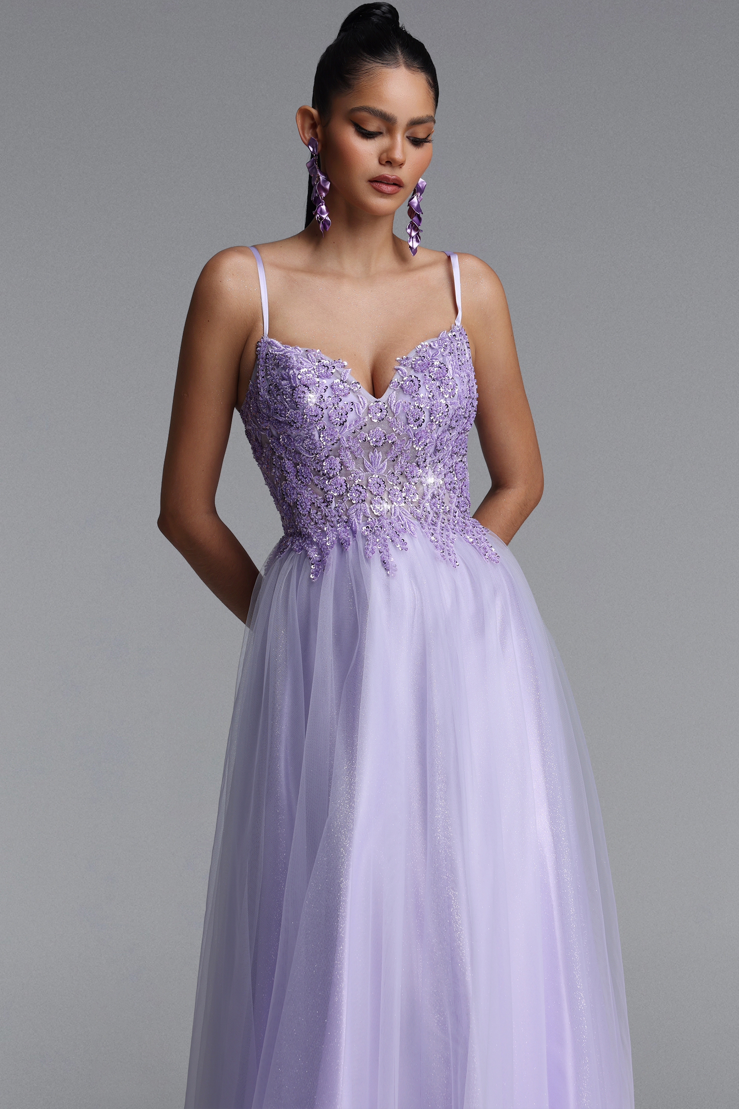 Fanny Elegant Sleeveless V Neck Floral Lace Tulle Maxi Dress