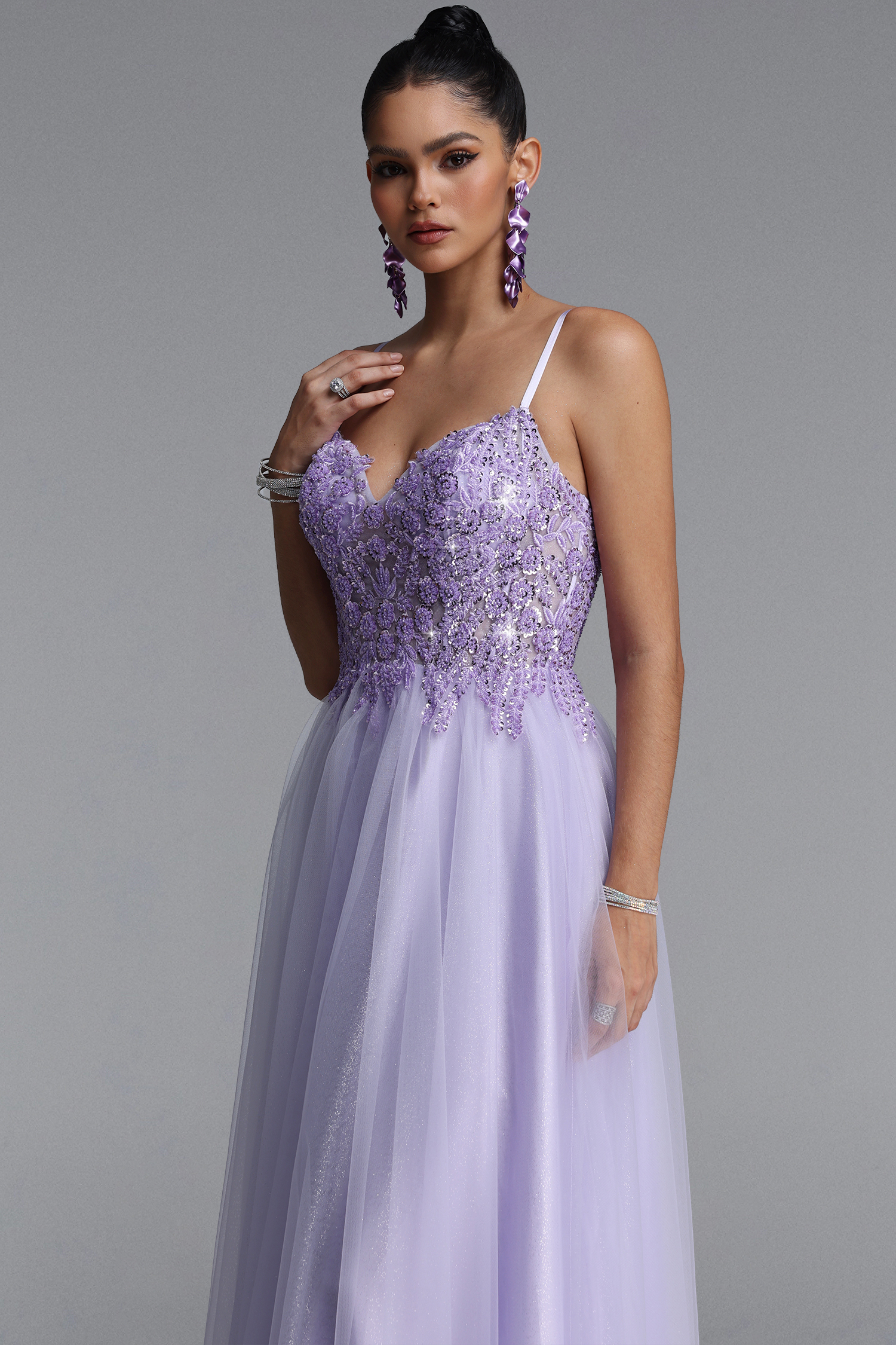 Fanny Elegant Sleeveless V Neck Floral Lace Tulle Maxi Dress