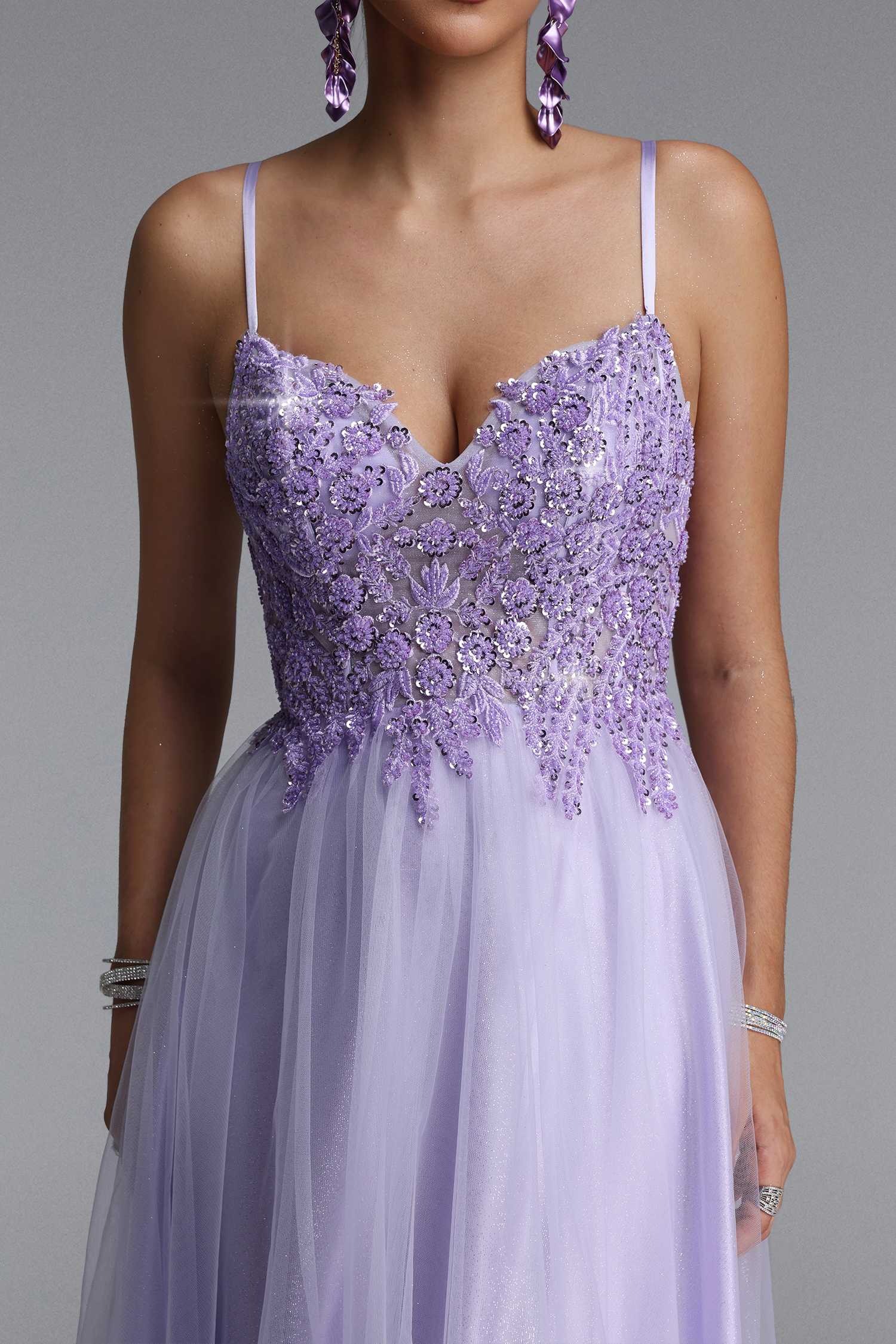 Fanny Elegant Sleeveless V Neck Floral Lace Tulle Maxi Dress