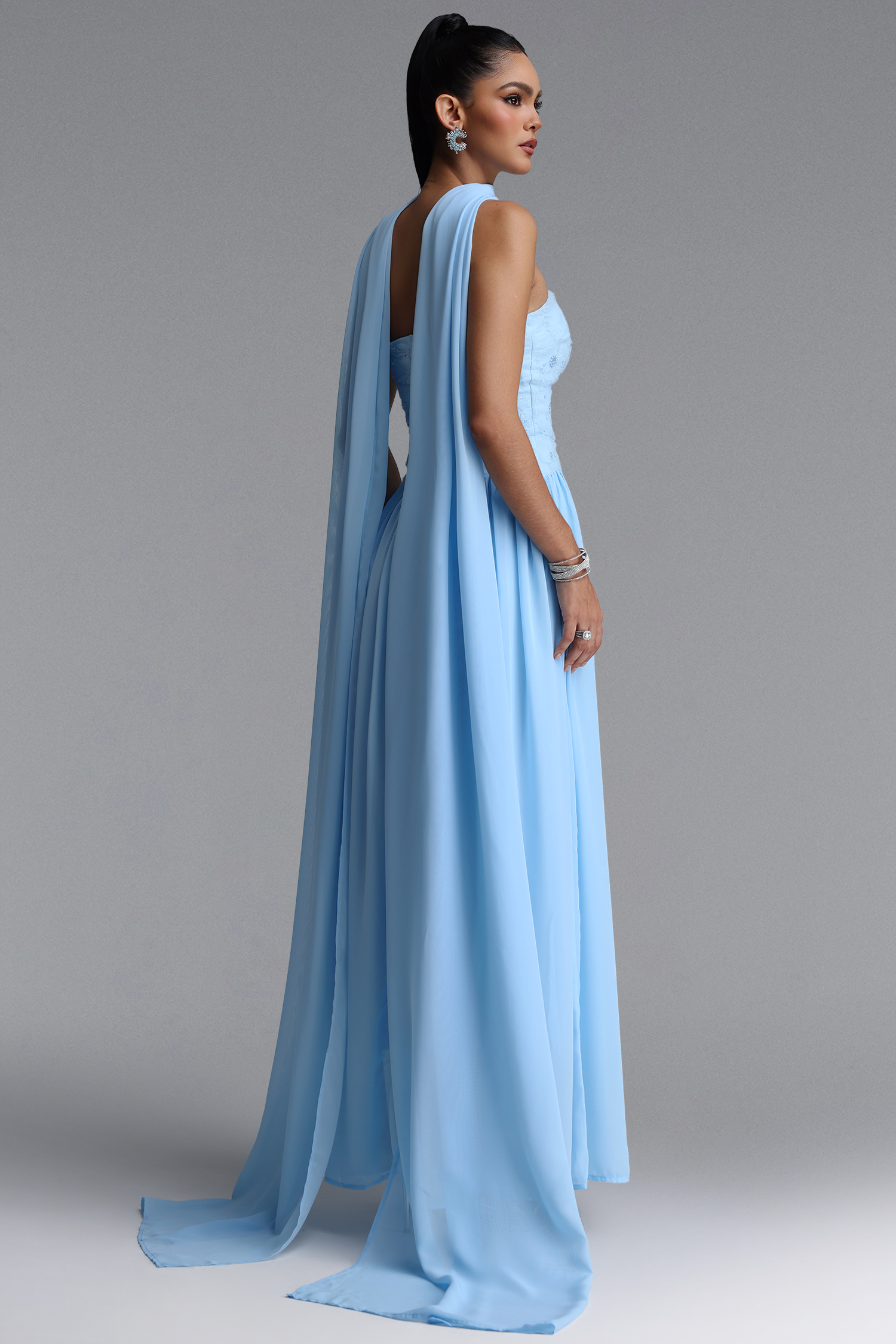 Lacai Elegant Strapless Floral Embroidered Chiffon Maxi Dress