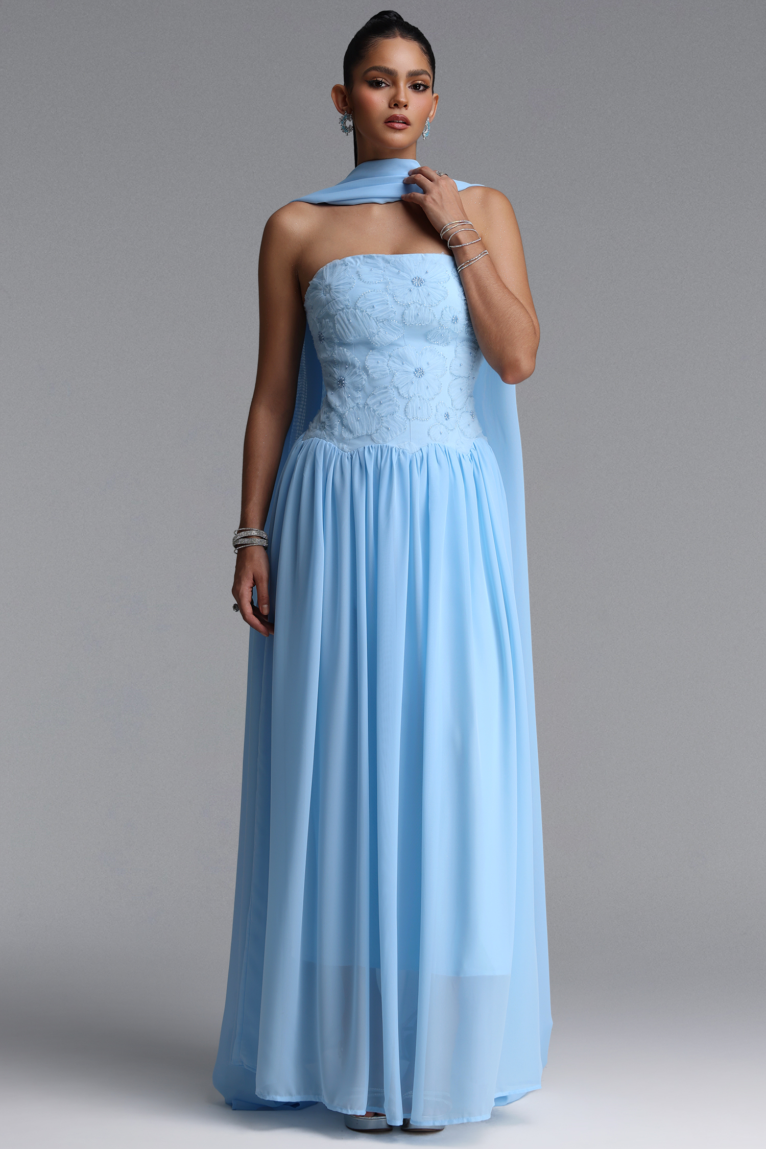 Lacai Elegant Strapless Floral Embroidered Chiffon Maxi Dress
