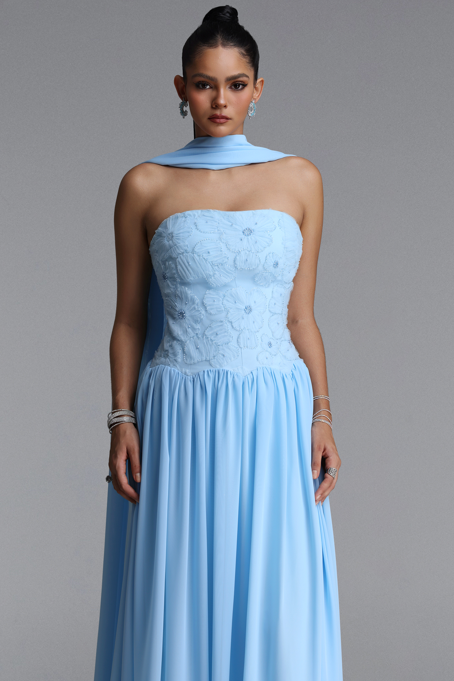 Lacai Elegant Strapless Floral Embroidered Chiffon Maxi Dress
