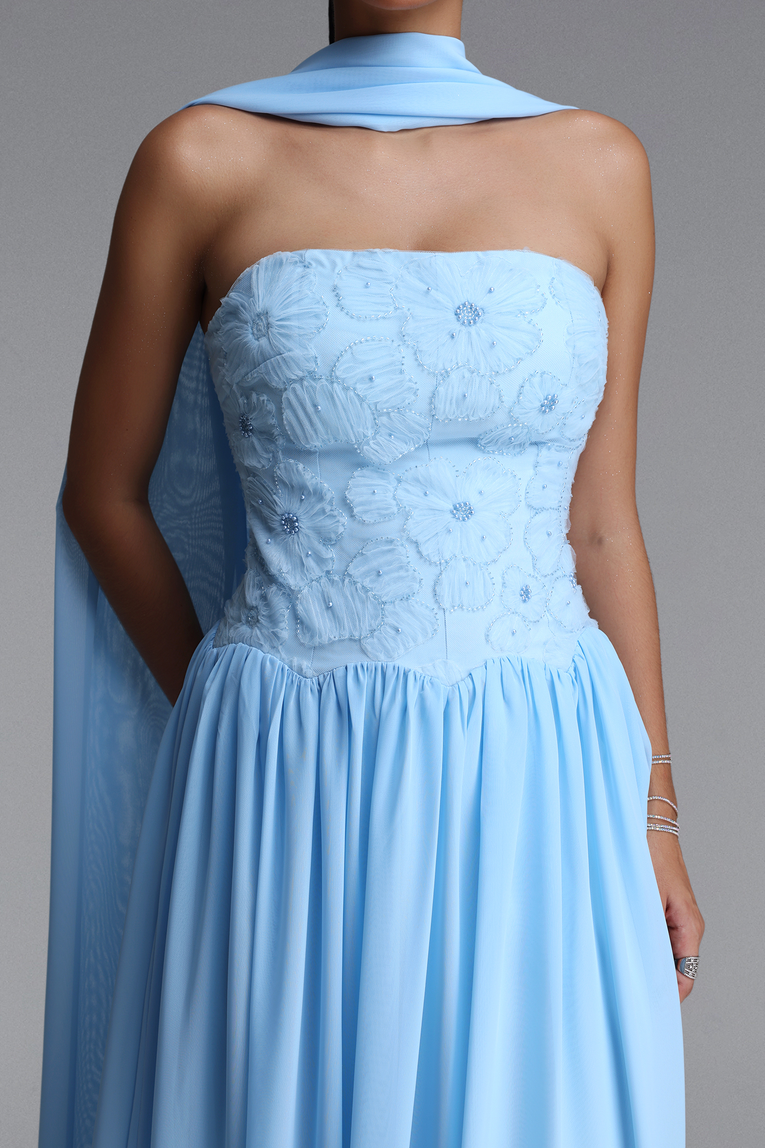 Lacai Elegant Strapless Floral Embroidered Chiffon Maxi Dress