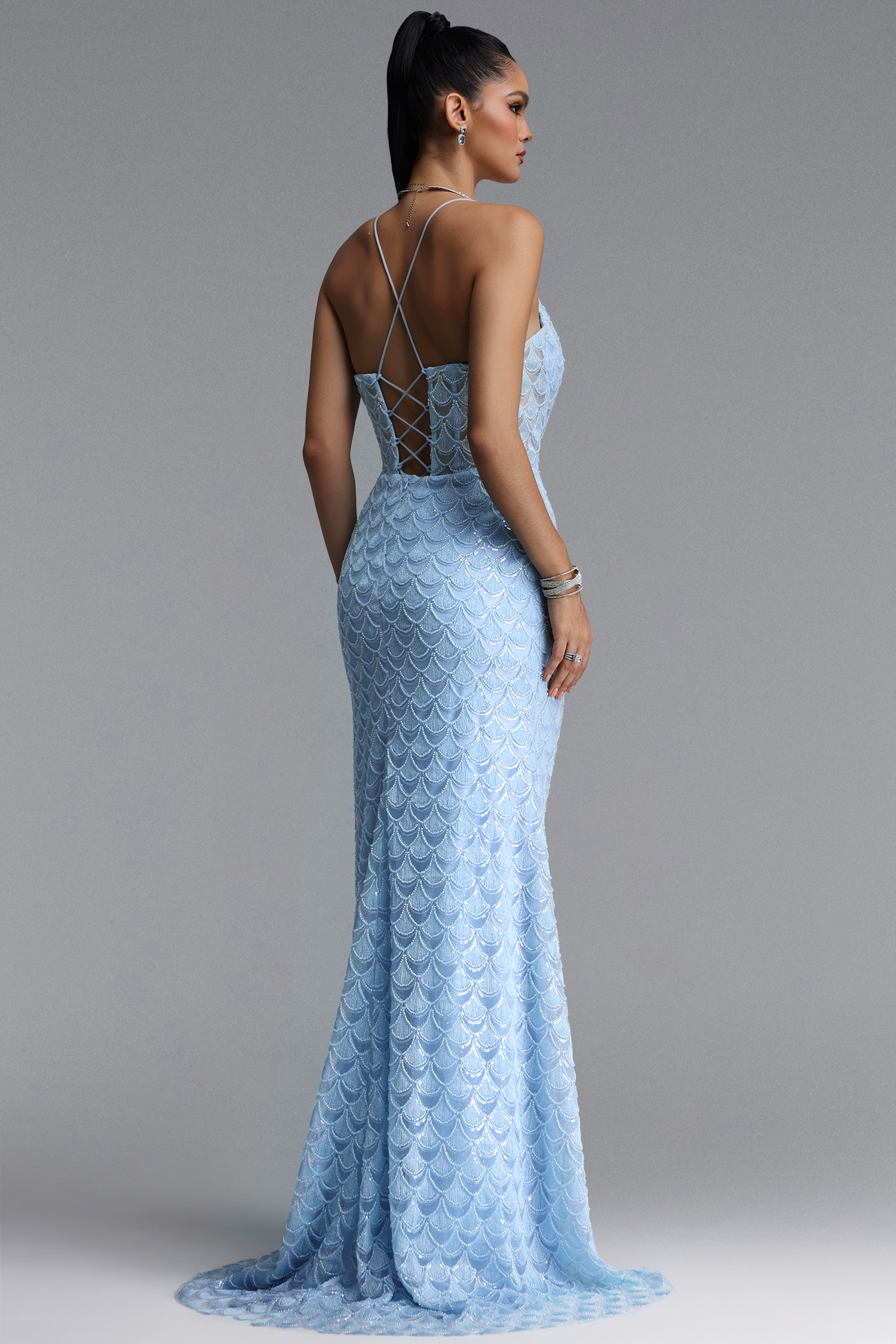 Linnaea Glamorous Sleeveless V Neck Sequin Slit Tulle Maxi Dress