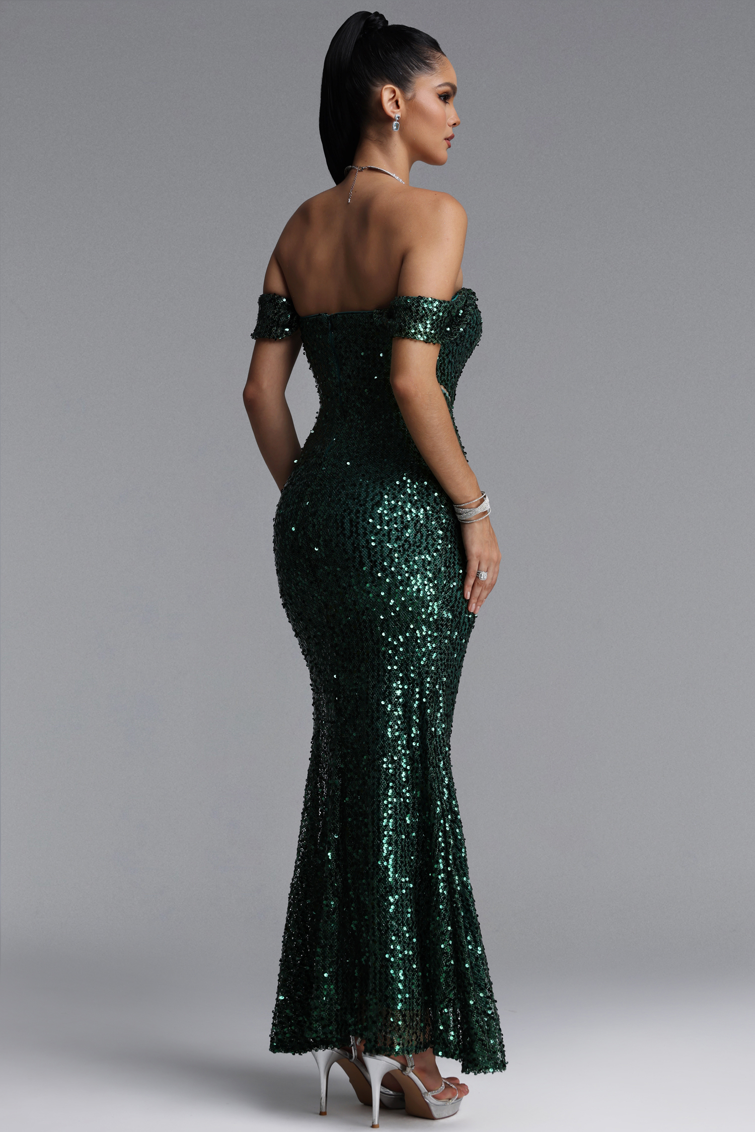 Zavan Glamorous Off Shoulder Sequin Cut Out Twisted Draped Maxi Dress