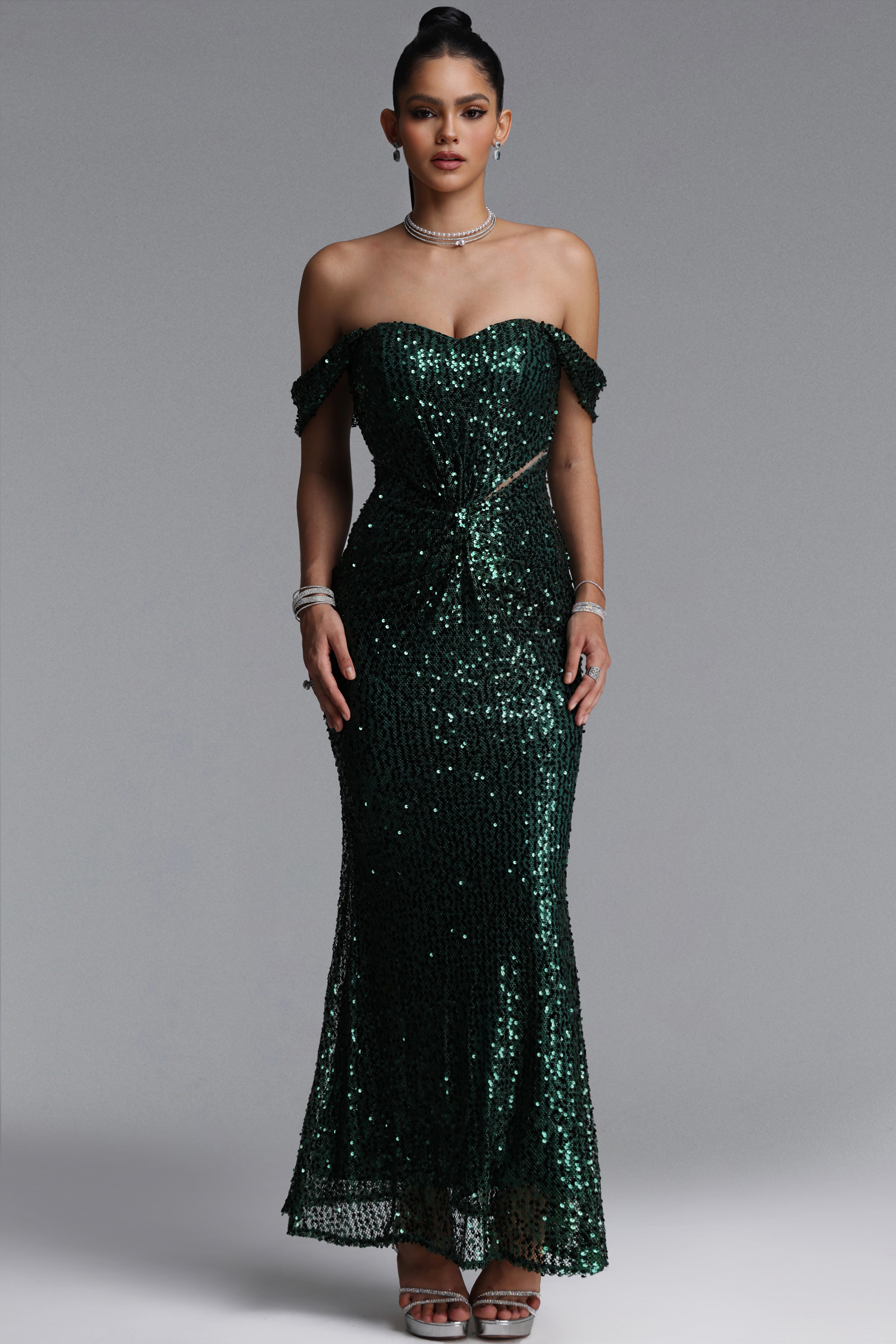 Zavan Glamorous Off Shoulder Sequin Cut Out Twisted Draped Maxi Dress