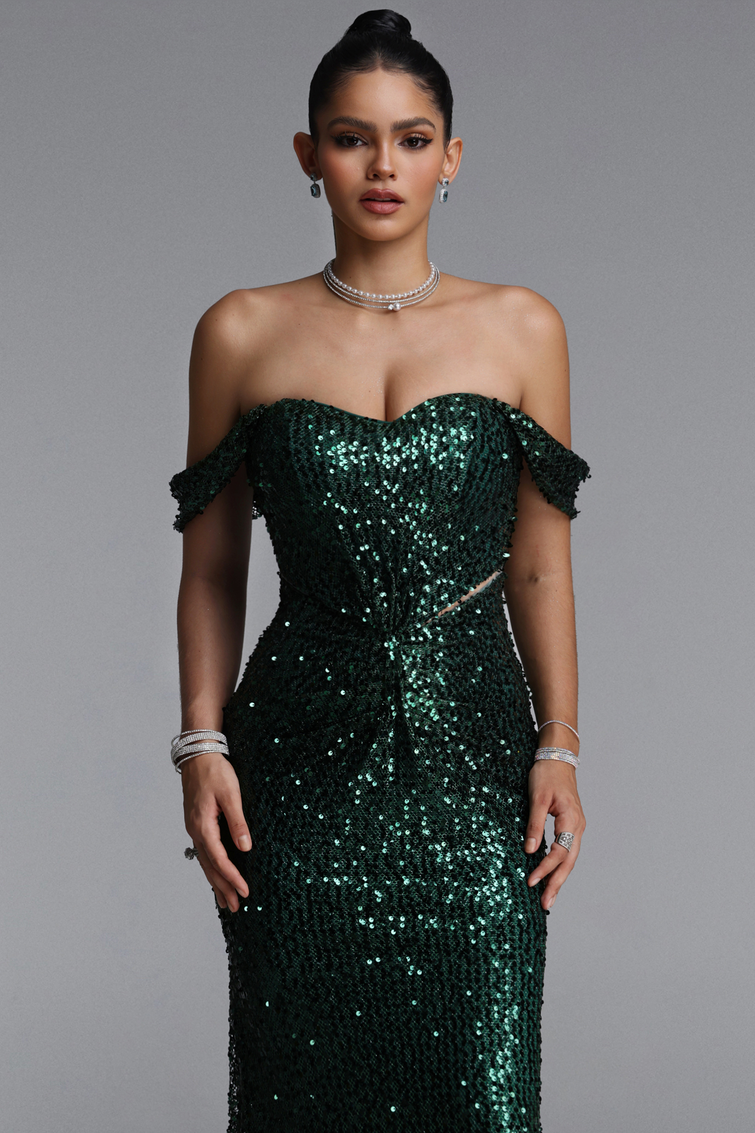 Zavan Glamorous Off Shoulder Sequin Cut Out Twisted Draped Maxi Dress