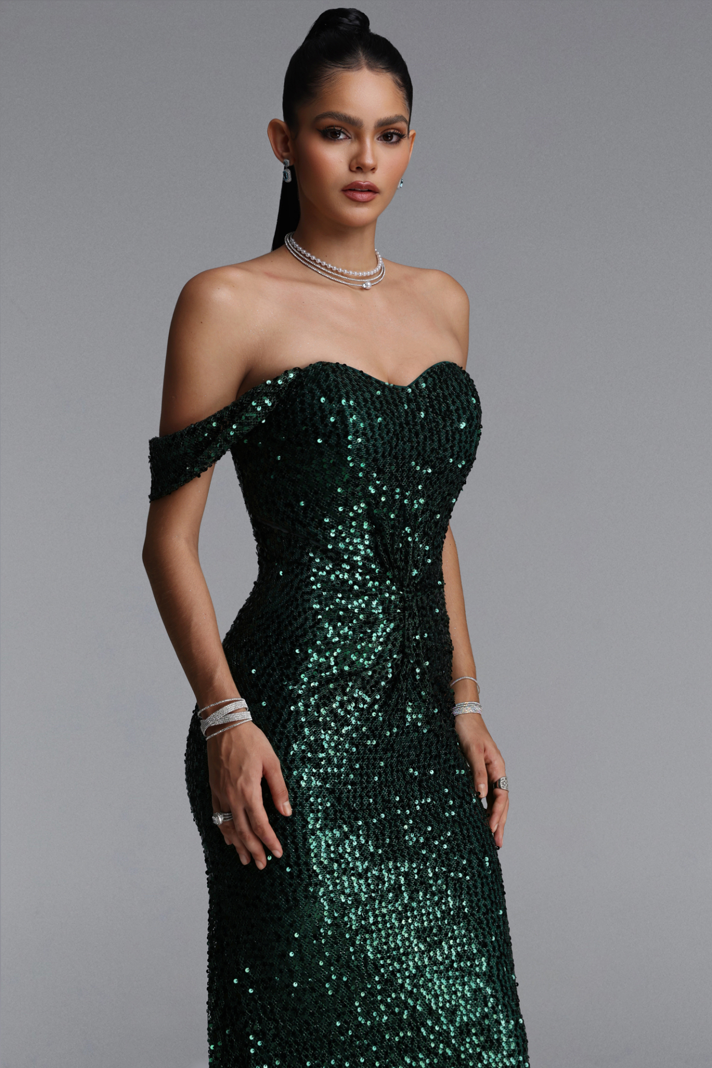 Zavan Glamorous Off Shoulder Sequin Cut Out Twisted Draped Maxi Dress