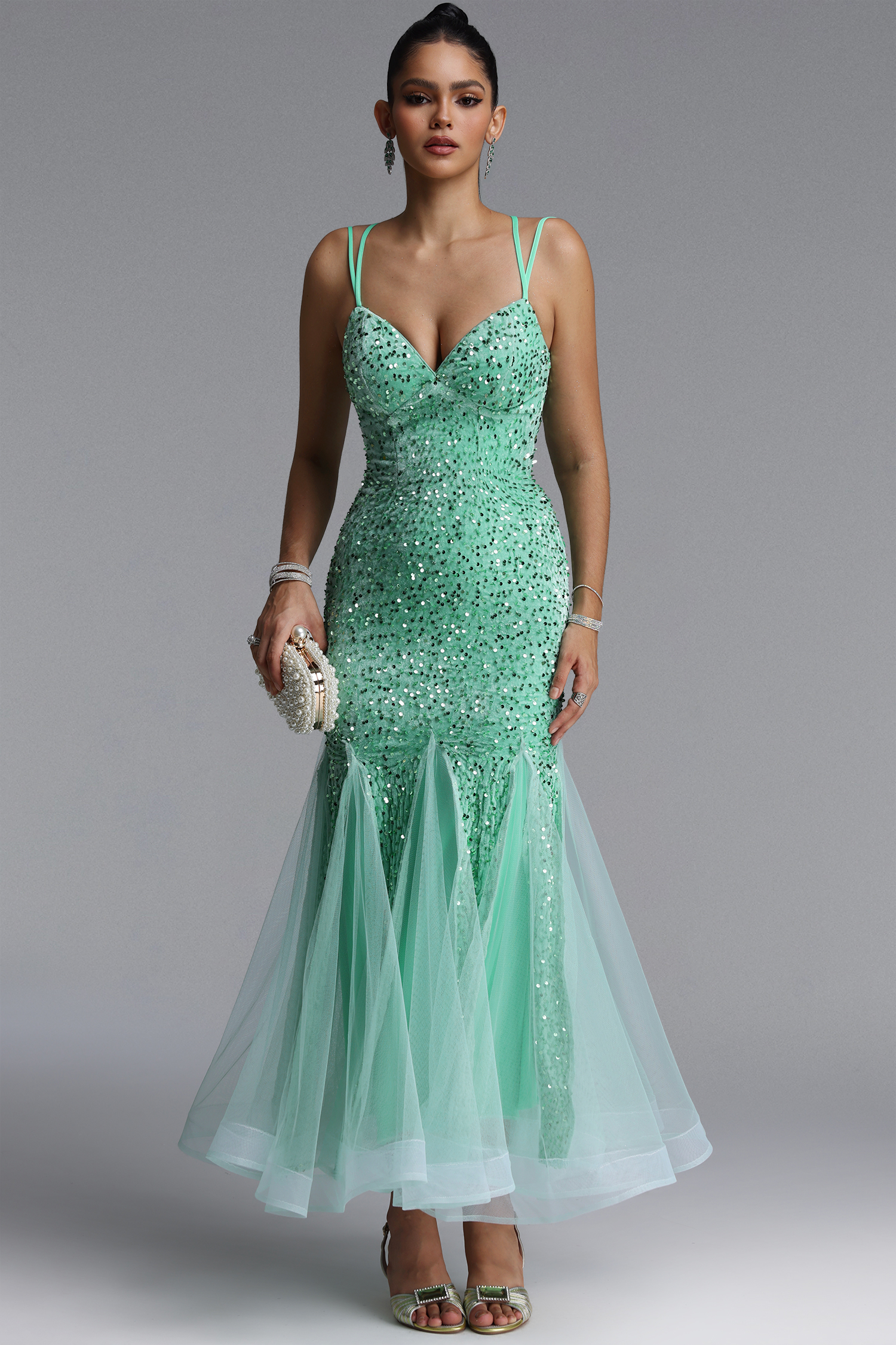 Vivian Romantic Contour V Neck Sequin Green Maxi Dress