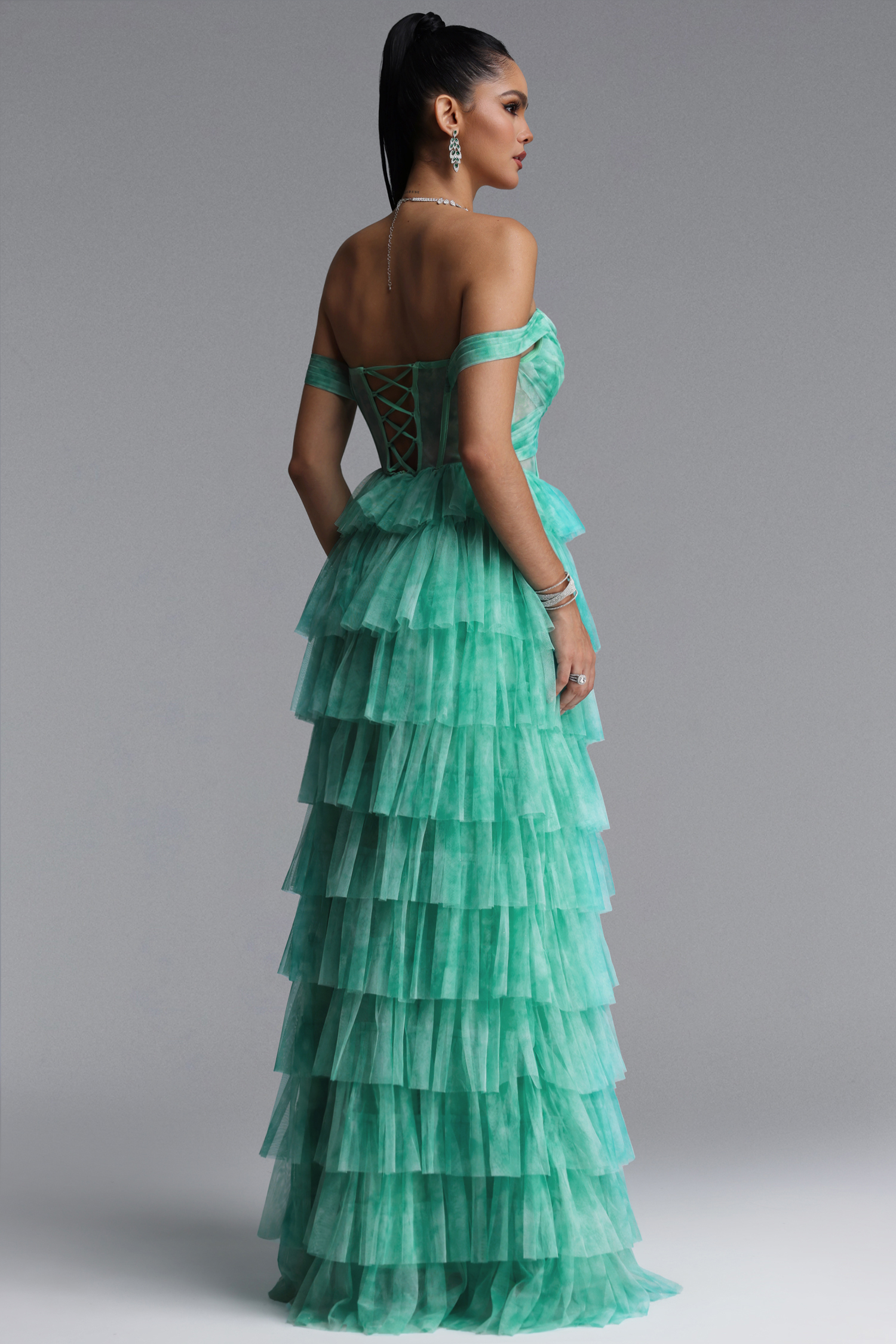 Nerlii Elegant Off Shoulder Multi Layered Maxi Dress