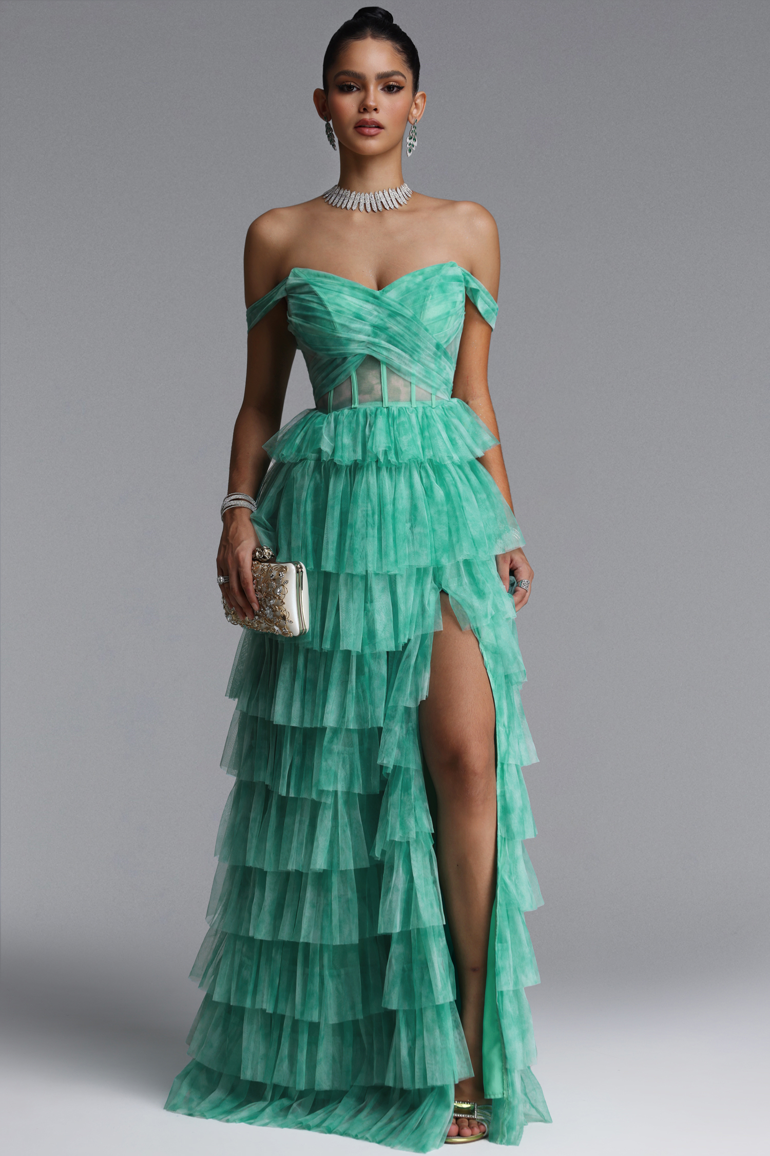 Nerlii Elegant Off Shoulder Multi Layered Maxi Dress