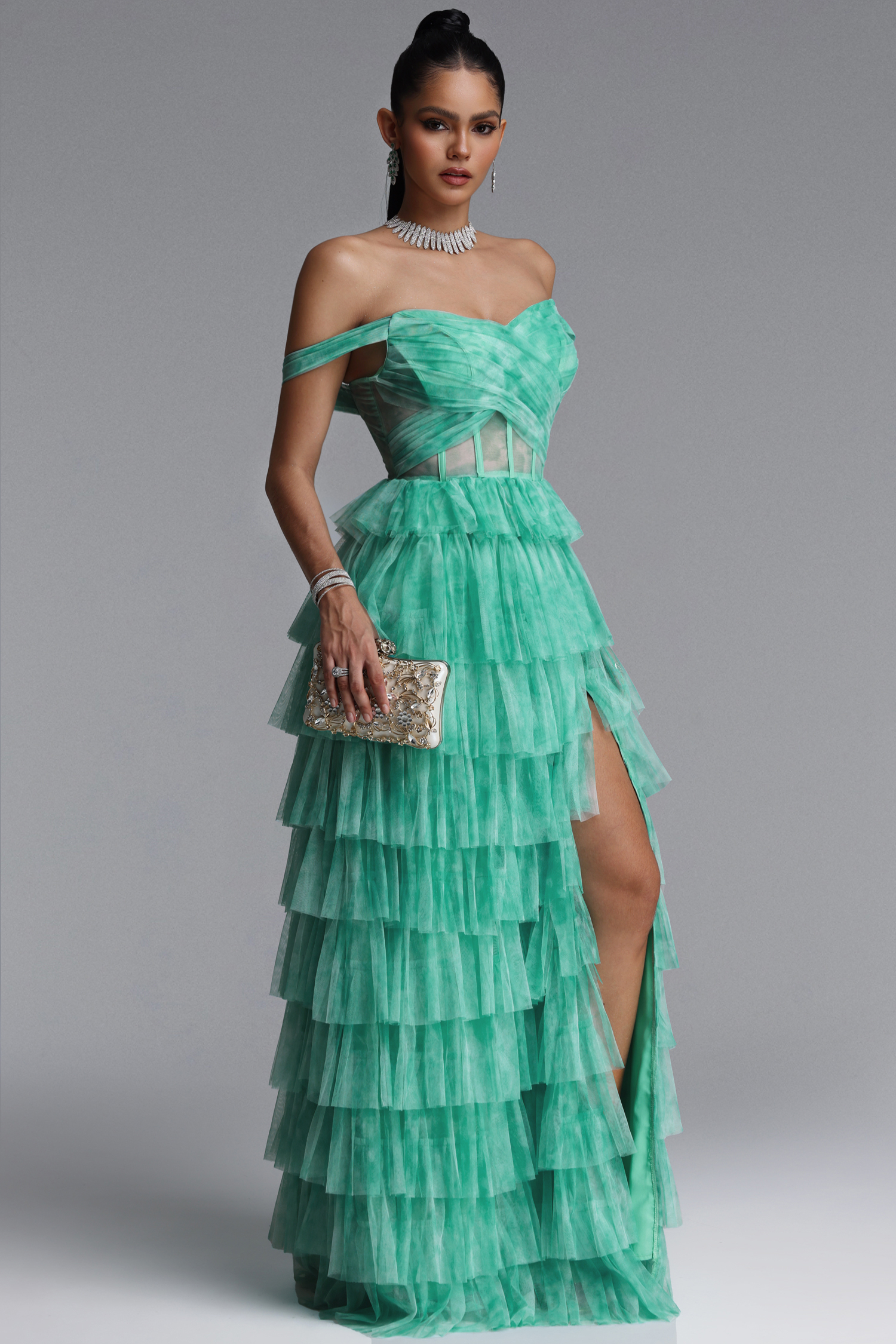 Nerlii Elegant Off Shoulder Multi Layered Maxi Dress