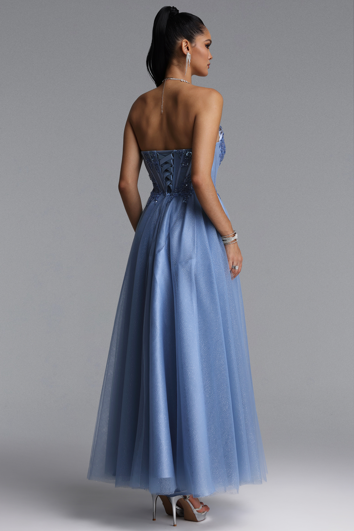 Naida Elegant Strapless Corset Floral Glitter Tulle Gray Maxi Dress