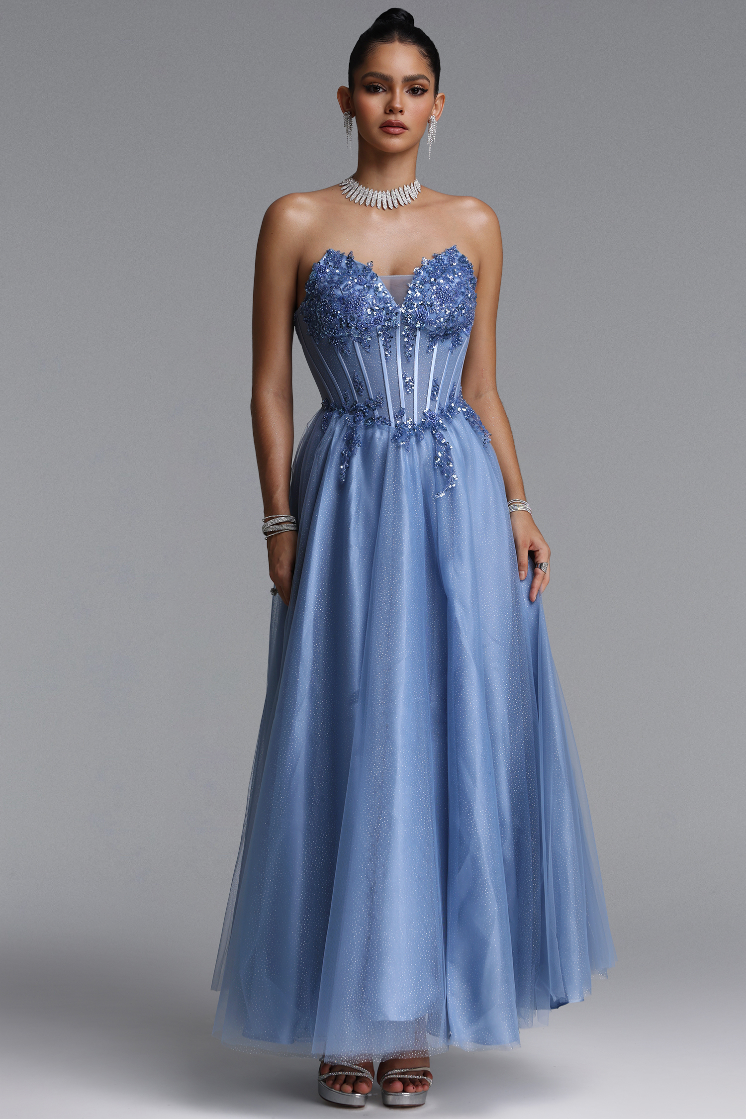 Naida Elegant Strapless Corset Floral Glitter Tulle Gray Maxi Dress