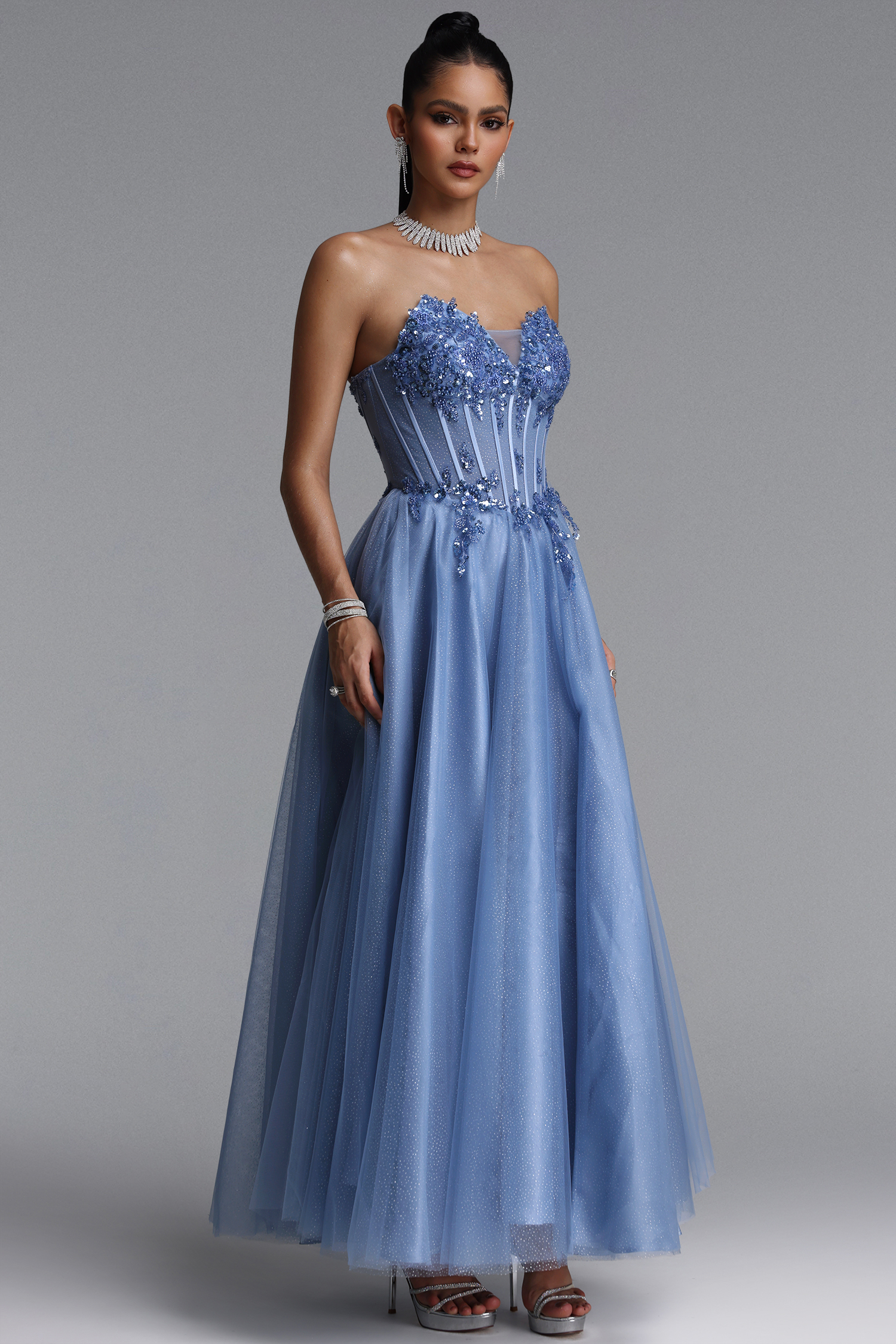Naida Elegant Strapless Corset Floral Glitter Tulle Gray Maxi Dress