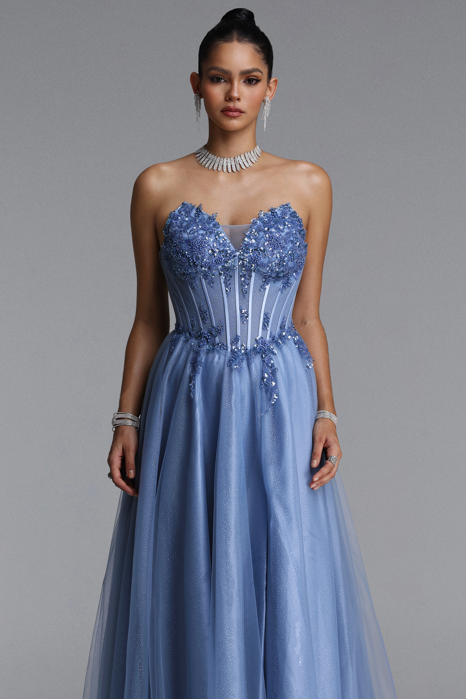 Naida Elegant Strapless Corset Floral Glitter Tulle Gray Maxi Dress