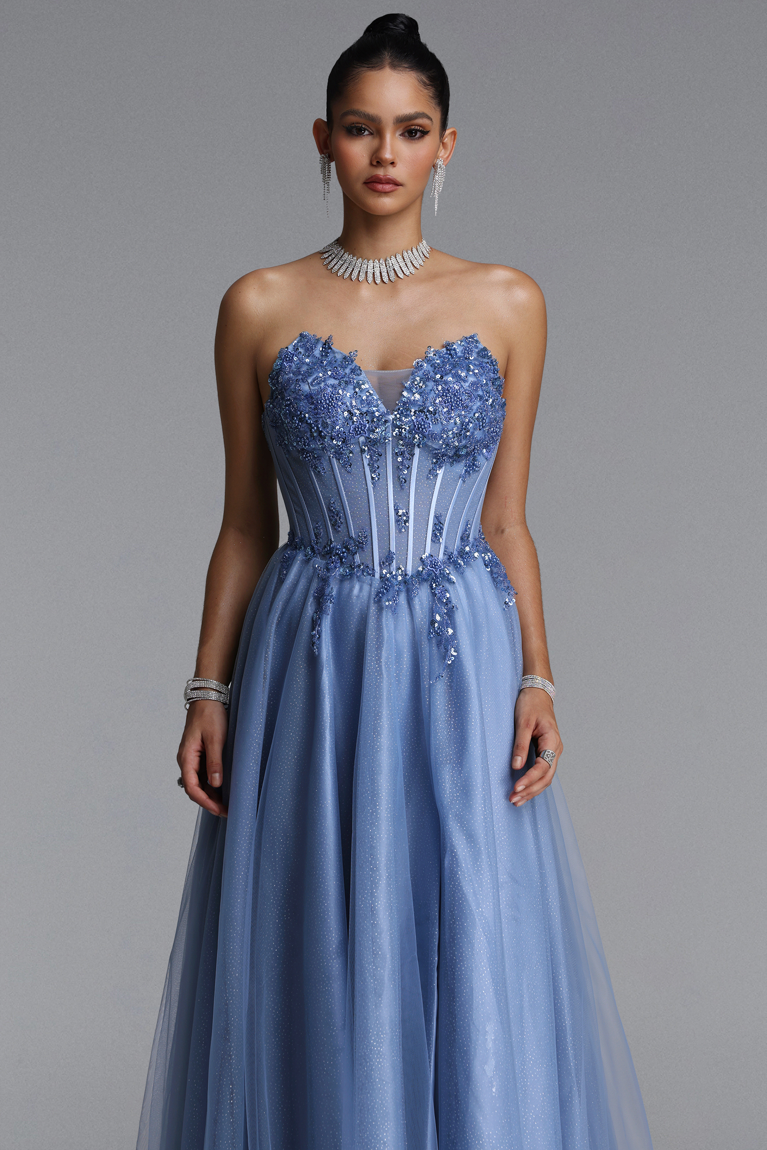 Naida Elegant Strapless Corset Floral Glitter Tulle Gray Maxi Dress