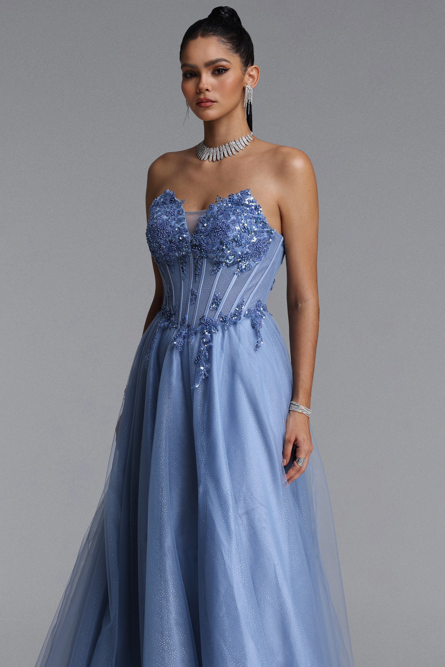 Naida Elegant Strapless Corset Floral Glitter Tulle Gray Maxi Dress