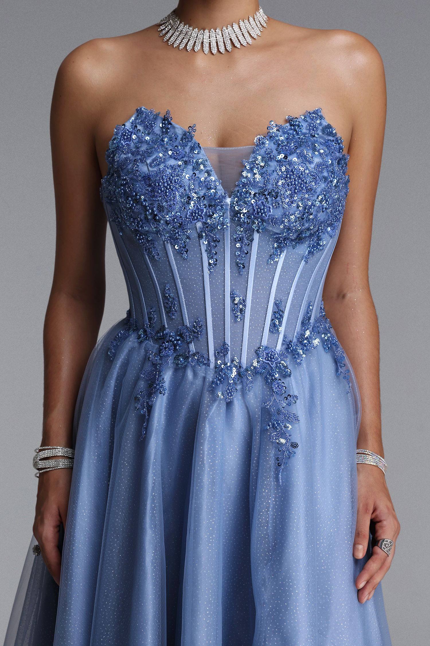 Naida Elegant Strapless Corset Floral Glitter Tulle Gray Maxi Dress