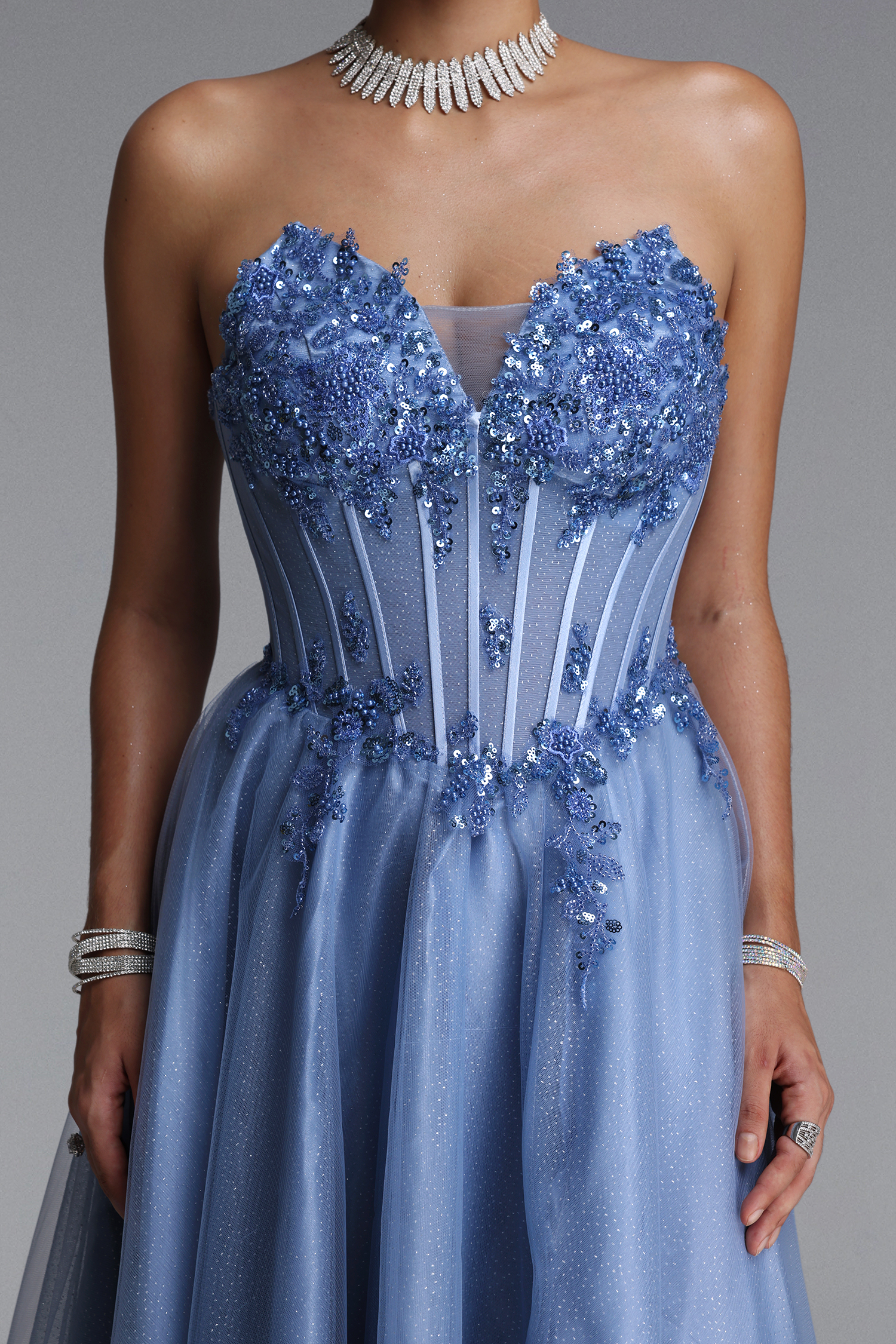 Naida Elegant Strapless Corset Floral Glitter Tulle Gray Maxi Dress