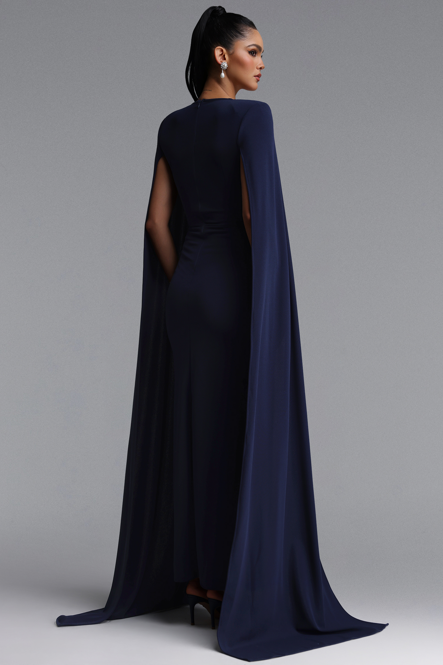 Iunne Elegant Tailored Cape Sleeve Rhinestone Woven Blue Maxi Dress