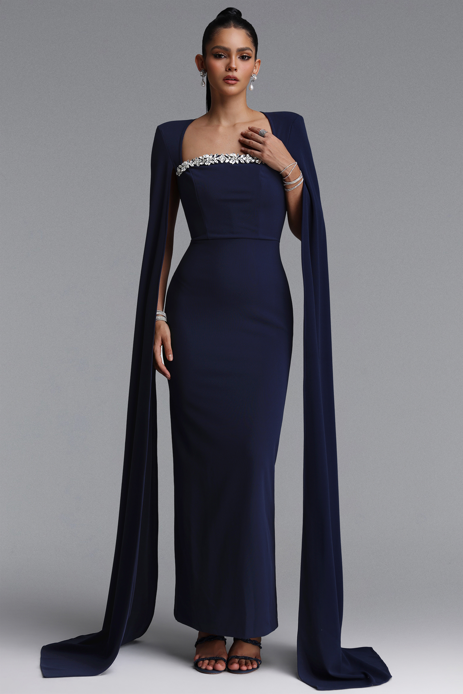 Iunne Elegant Tailored Cape Sleeve Rhinestone Woven Blue Maxi Dress