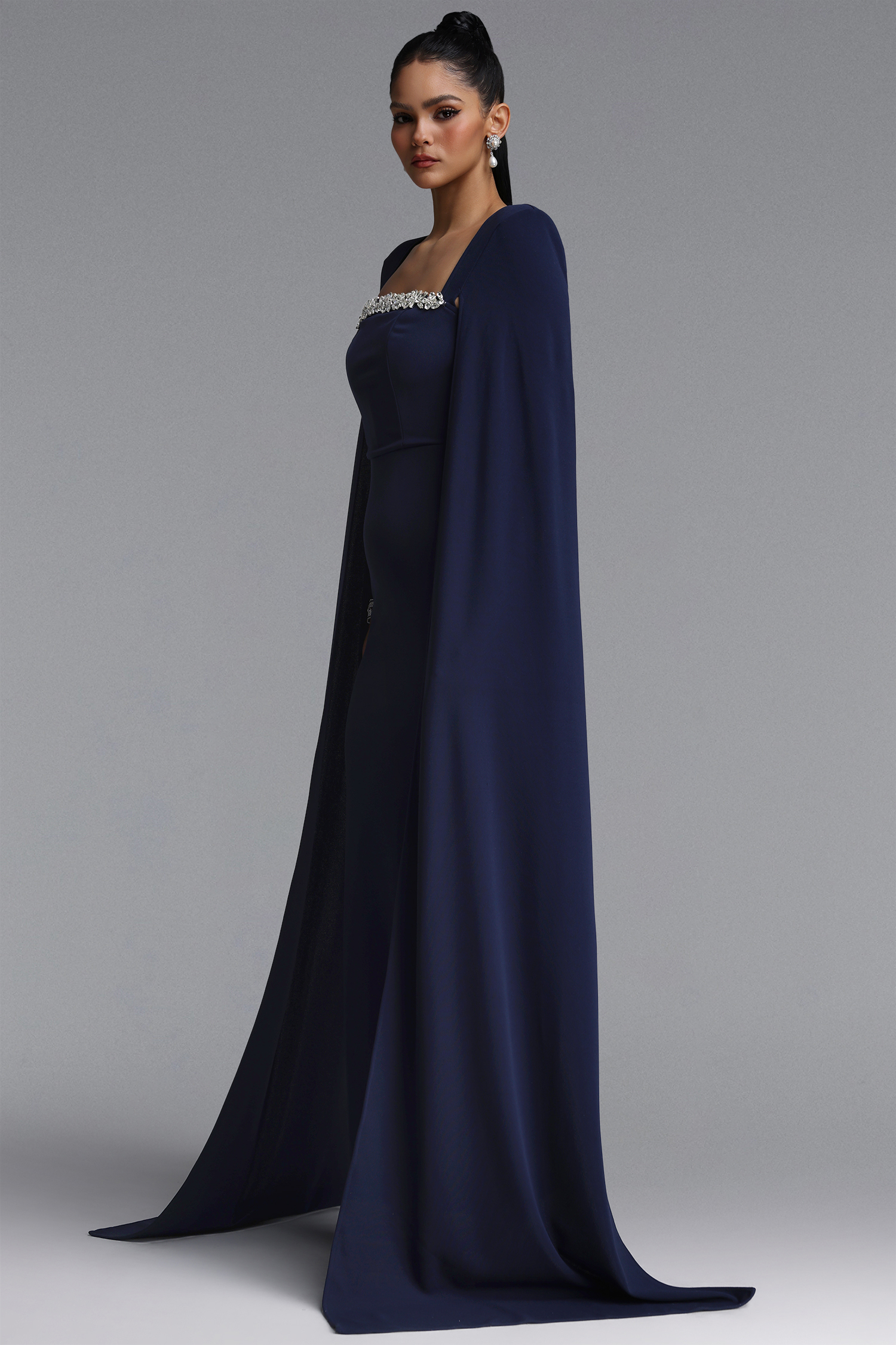 Iunne Elegant Tailored Cape Sleeve Rhinestone Woven Blue Maxi Dress