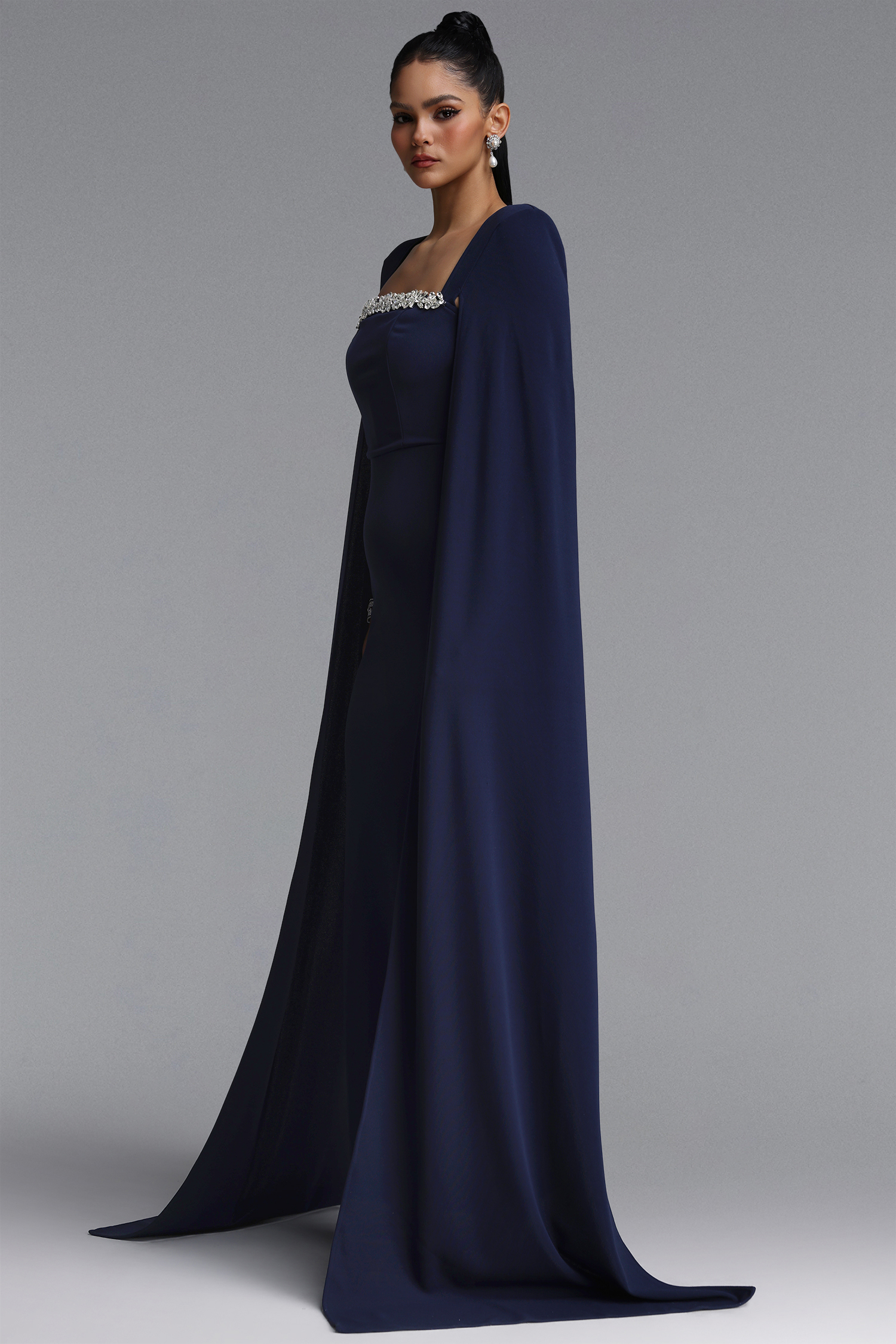 Iunne Elegant Tailored Cape Sleeve Rhinestone Woven Blue Maxi Dress