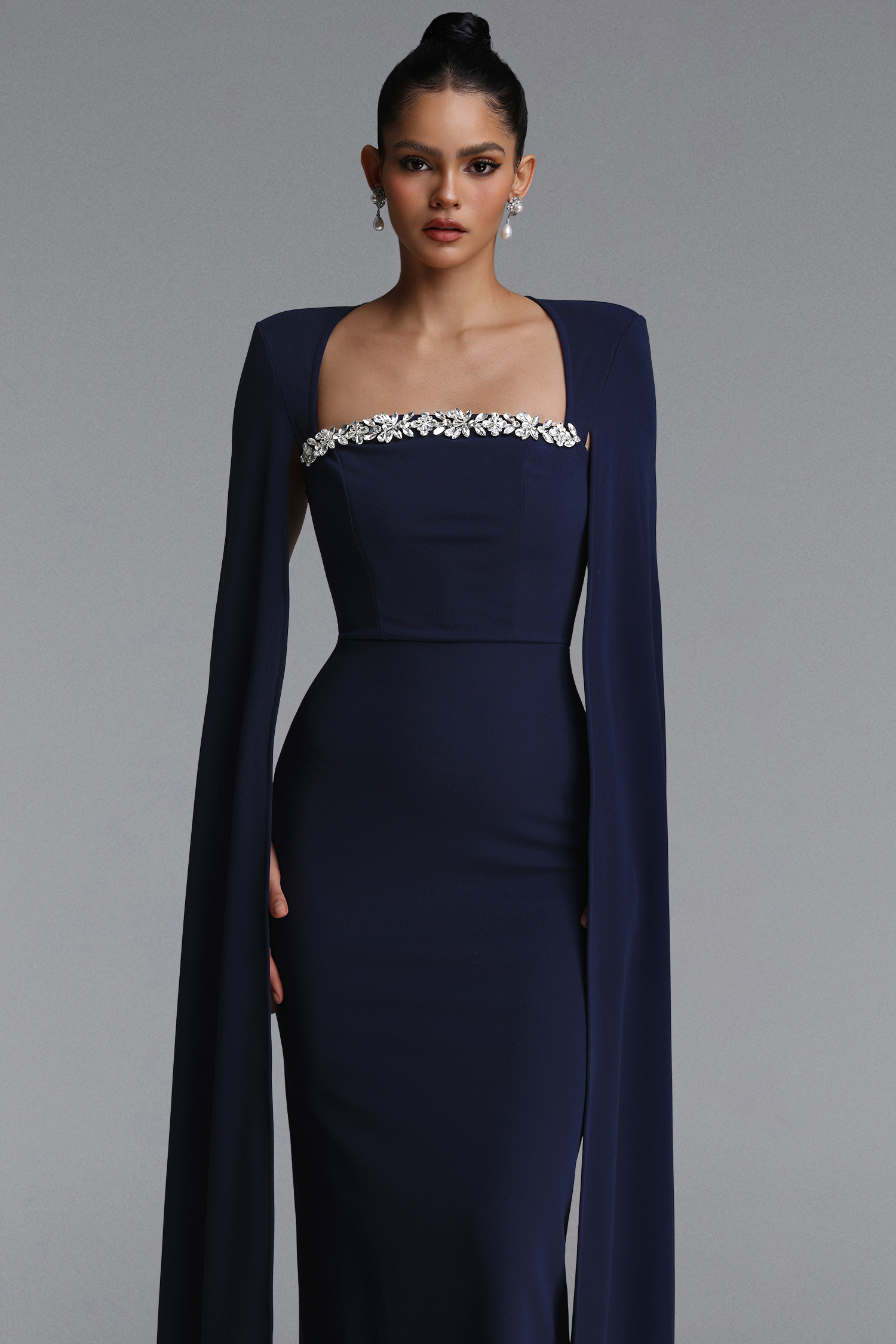 Iunne Elegant Tailored Cape Sleeve Rhinestone Woven Blue Maxi Dress