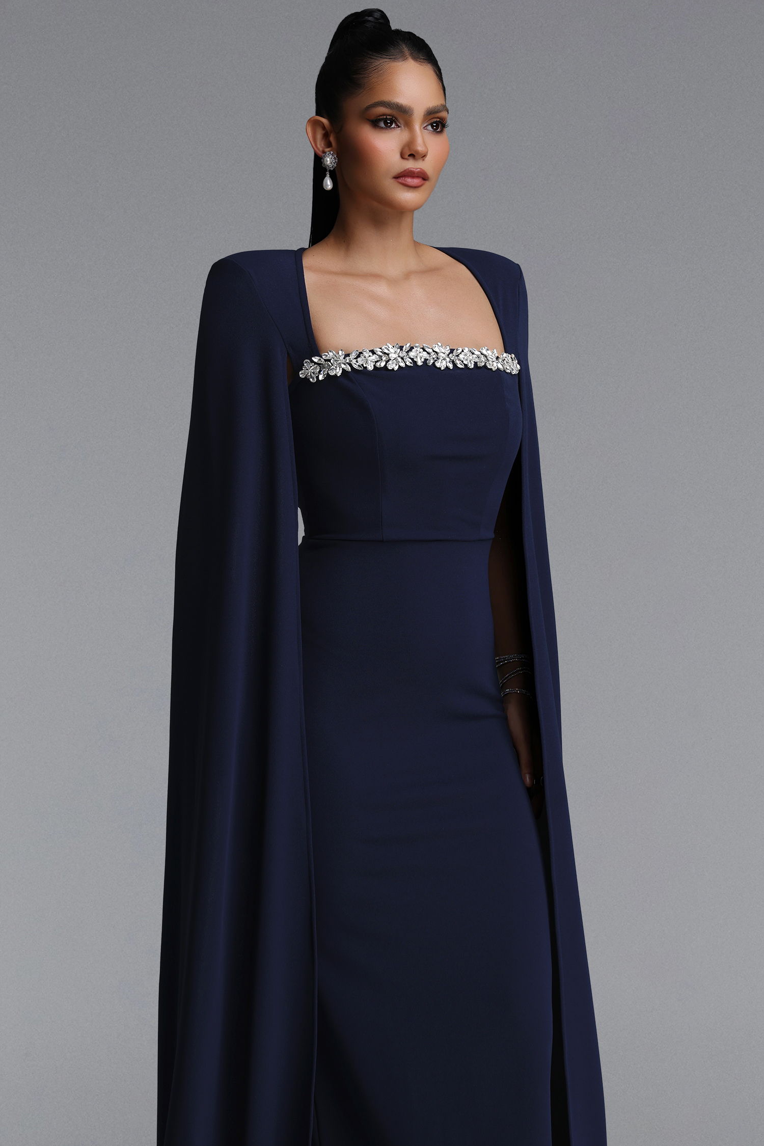 Iunne Elegant Tailored Cape Sleeve Rhinestone Woven Blue Maxi Dress
