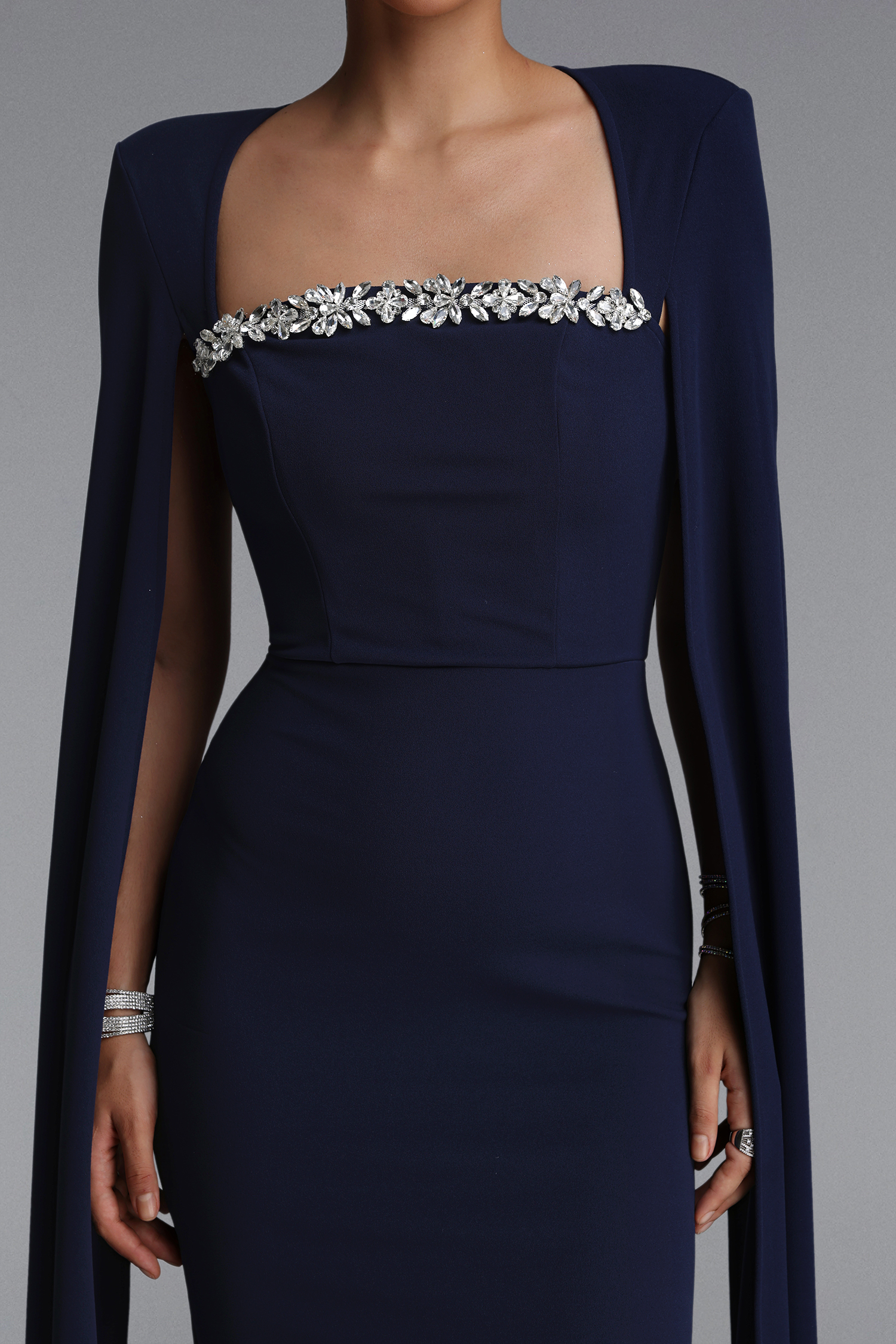 Iunne Elegant Tailored Cape Sleeve Rhinestone Woven Blue Maxi Dress