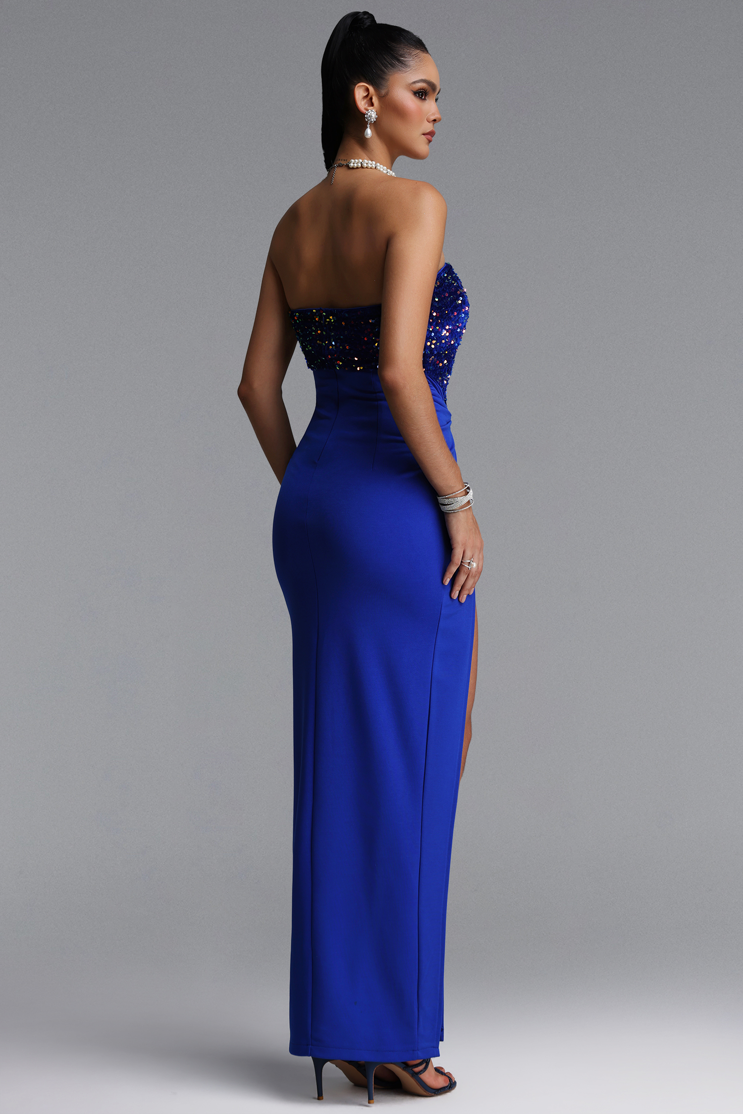 Lali Glamorous Strapless Sequin Twisted Draped Slit Satin Maxi Dress