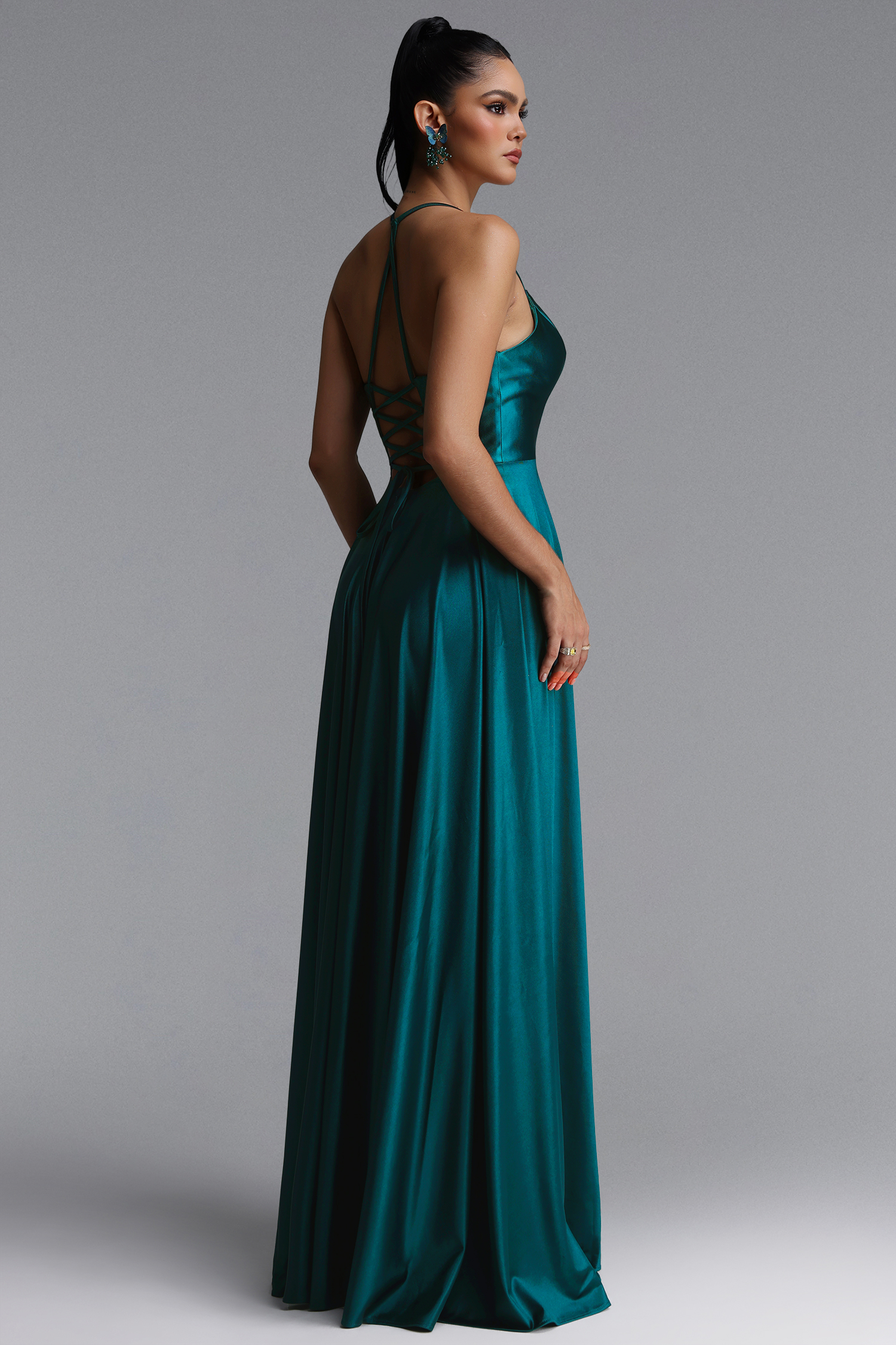 Tereza Elegant Halter V Neck Draped Satin Maxi Dress