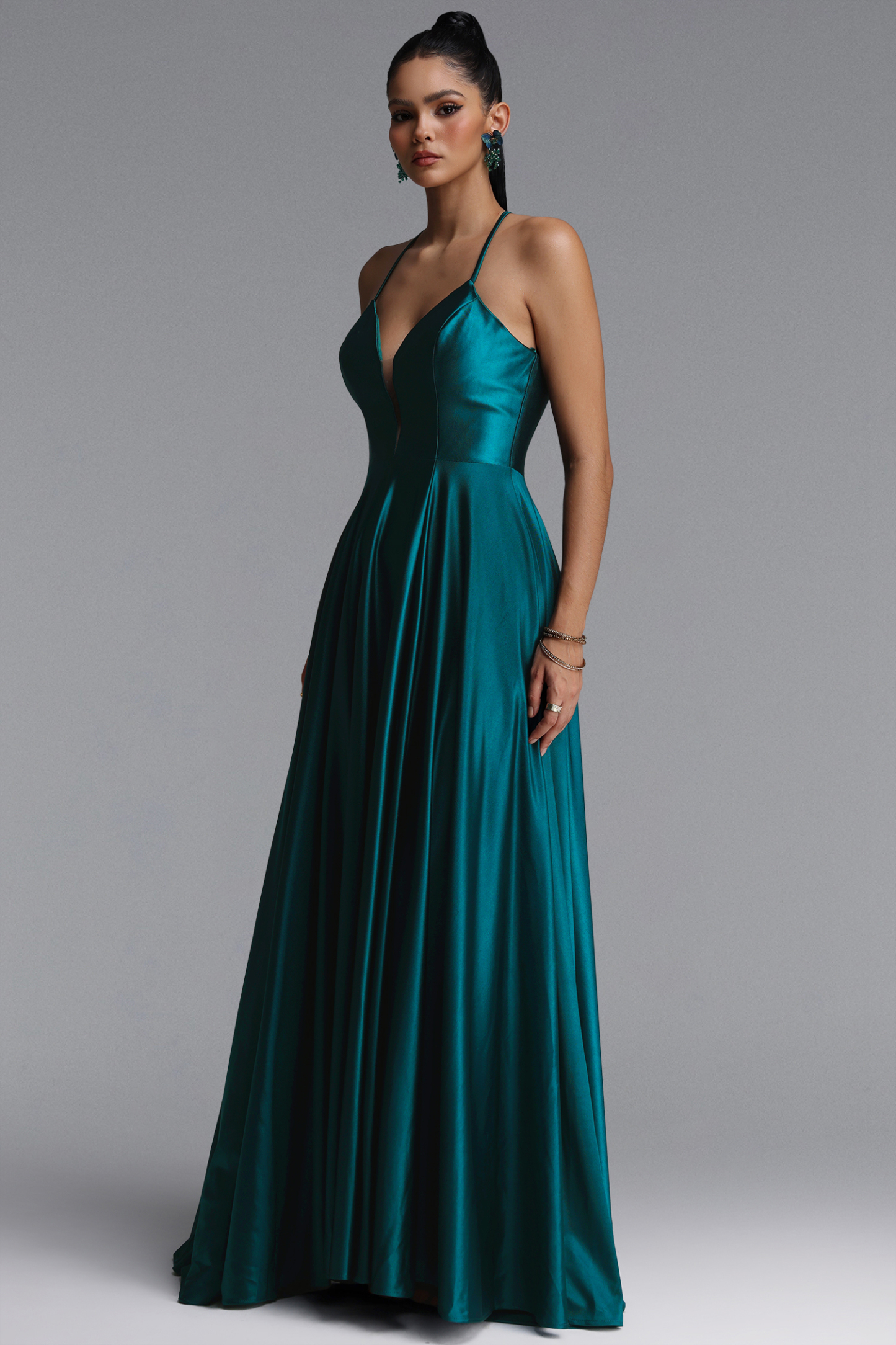Tereza Elegant Halter V Neck Draped Satin Maxi Dress
