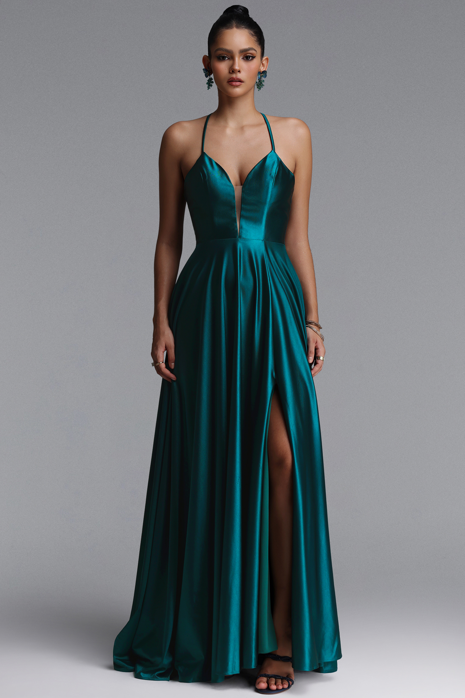 Tereza Elegant Halter V Neck Draped Satin Maxi Dress