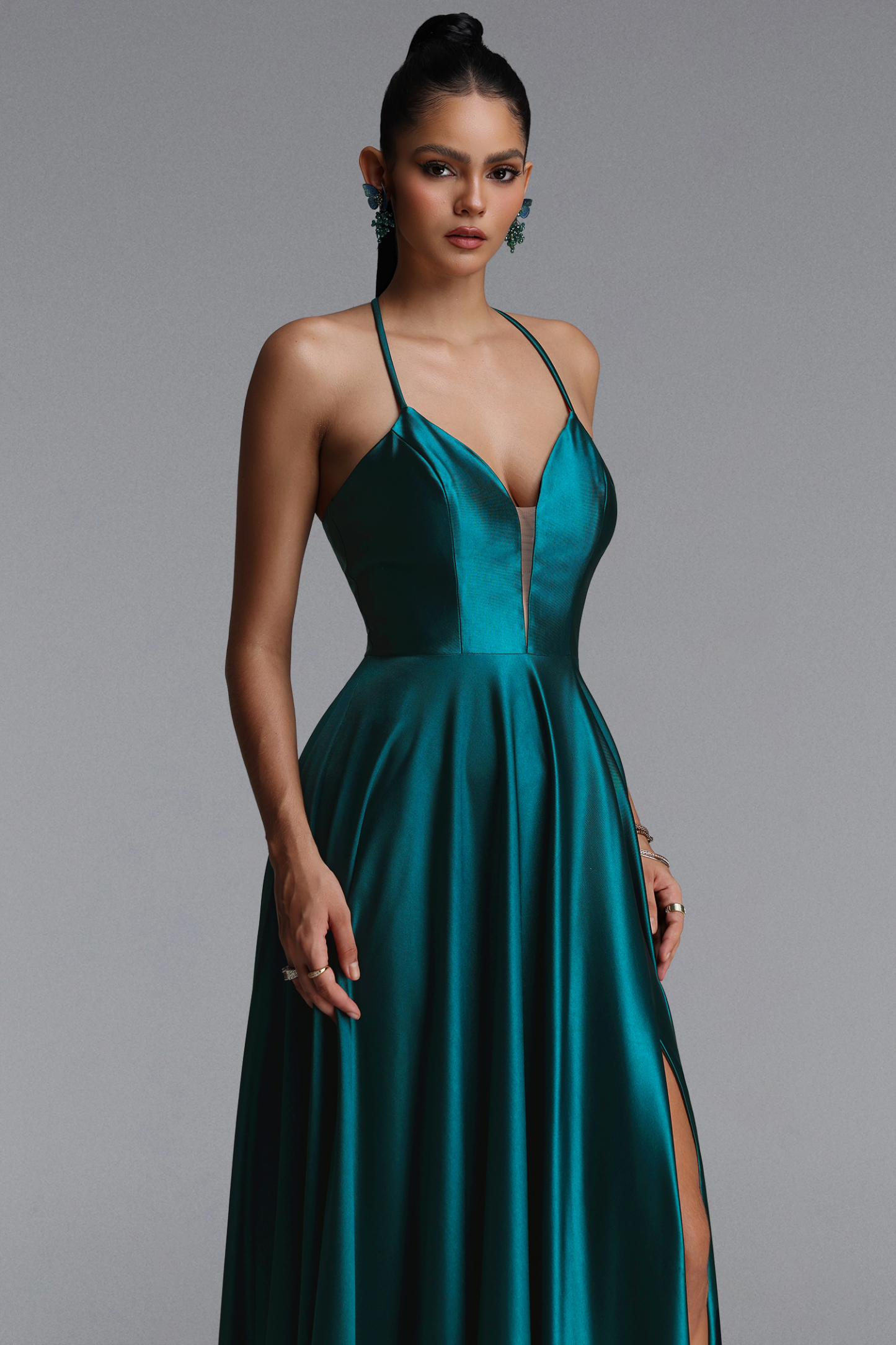Tereza Elegant Halter V Neck Draped Satin Maxi Dress
