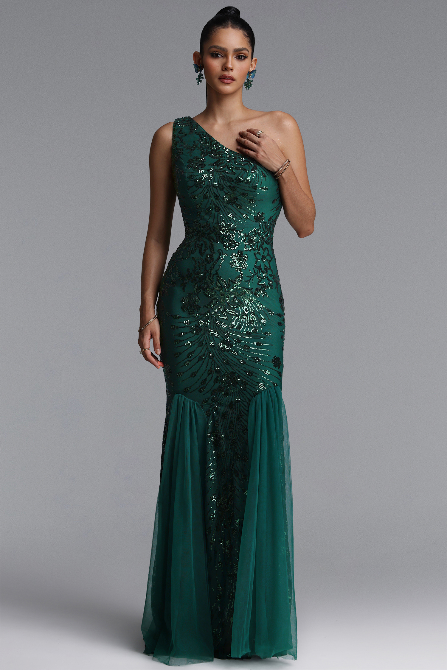 Orana Glamorous One Shoulder Sequin Tulle Mermaid Maxi Dress