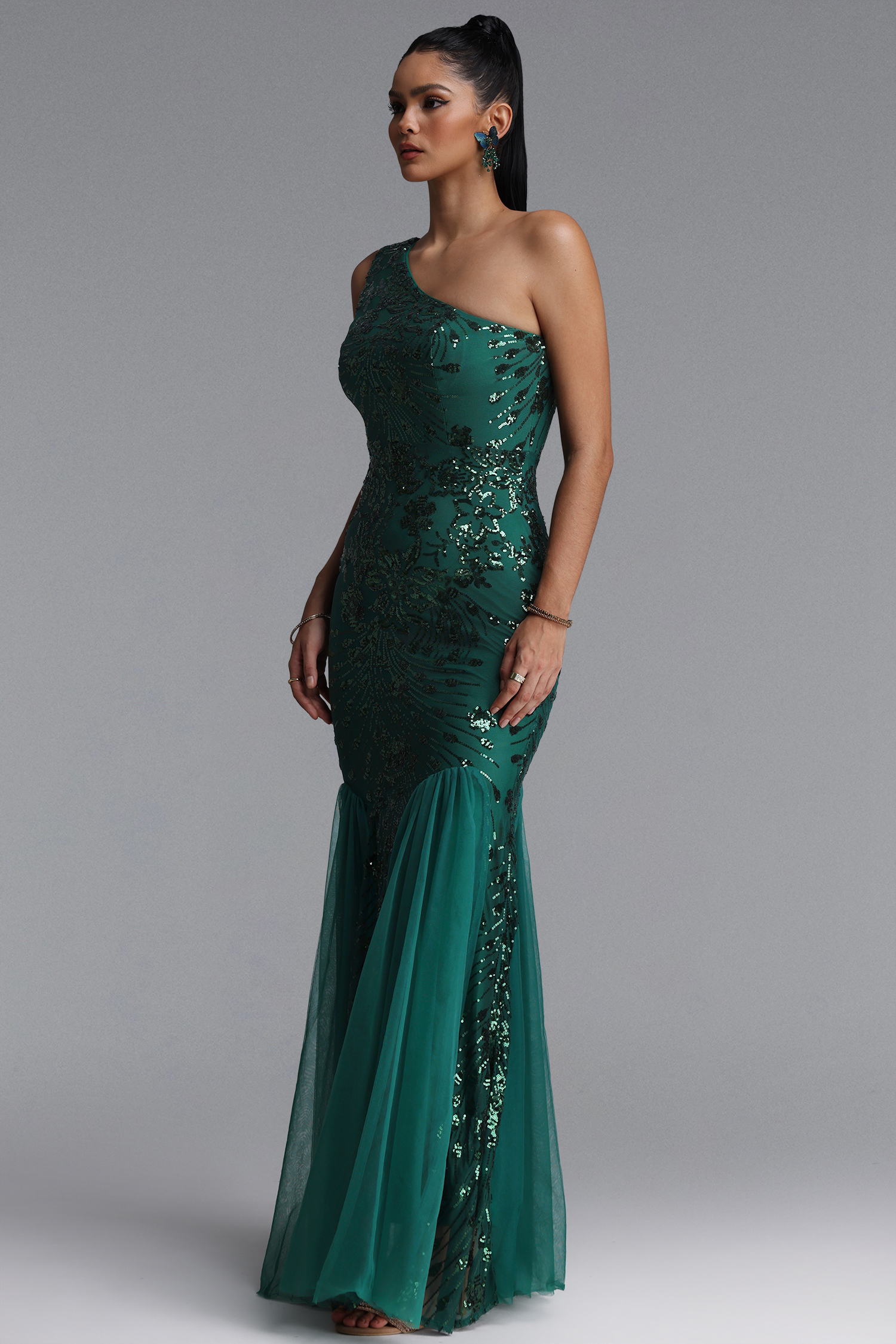 Orana Glamorous One Shoulder Sequin Tulle Mermaid Maxi Dress