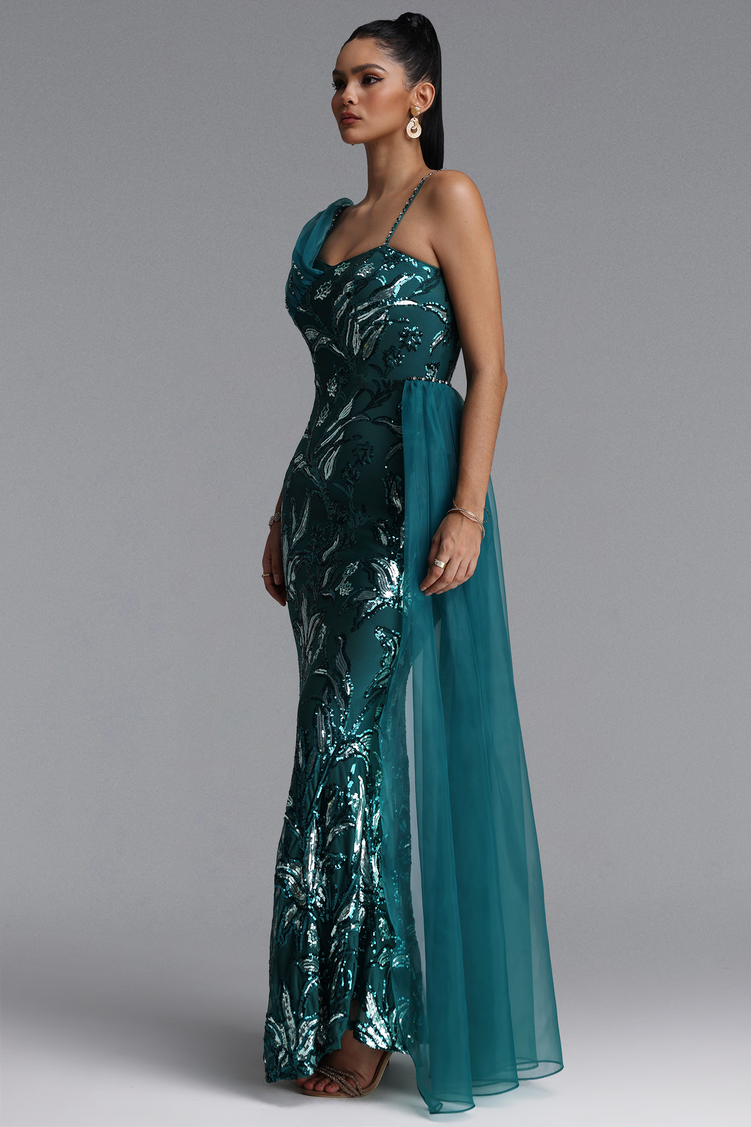 Jikia Glamorous Off Shoulder Floral Chiffon Side Train Sequin Maxi Dress
