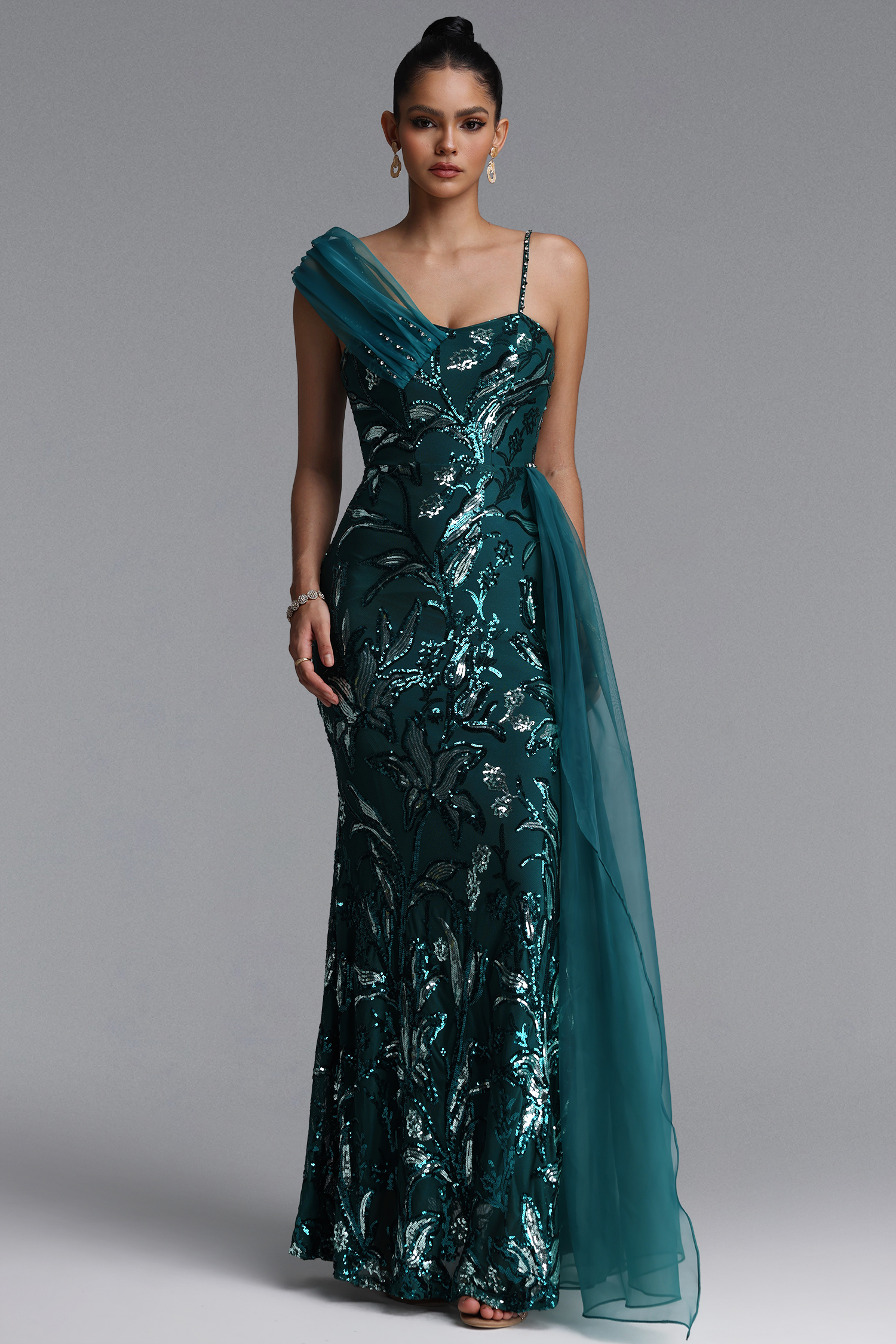 Jikia Glamorous Off Shoulder Floral Chiffon Side Train Sequin Maxi Dress