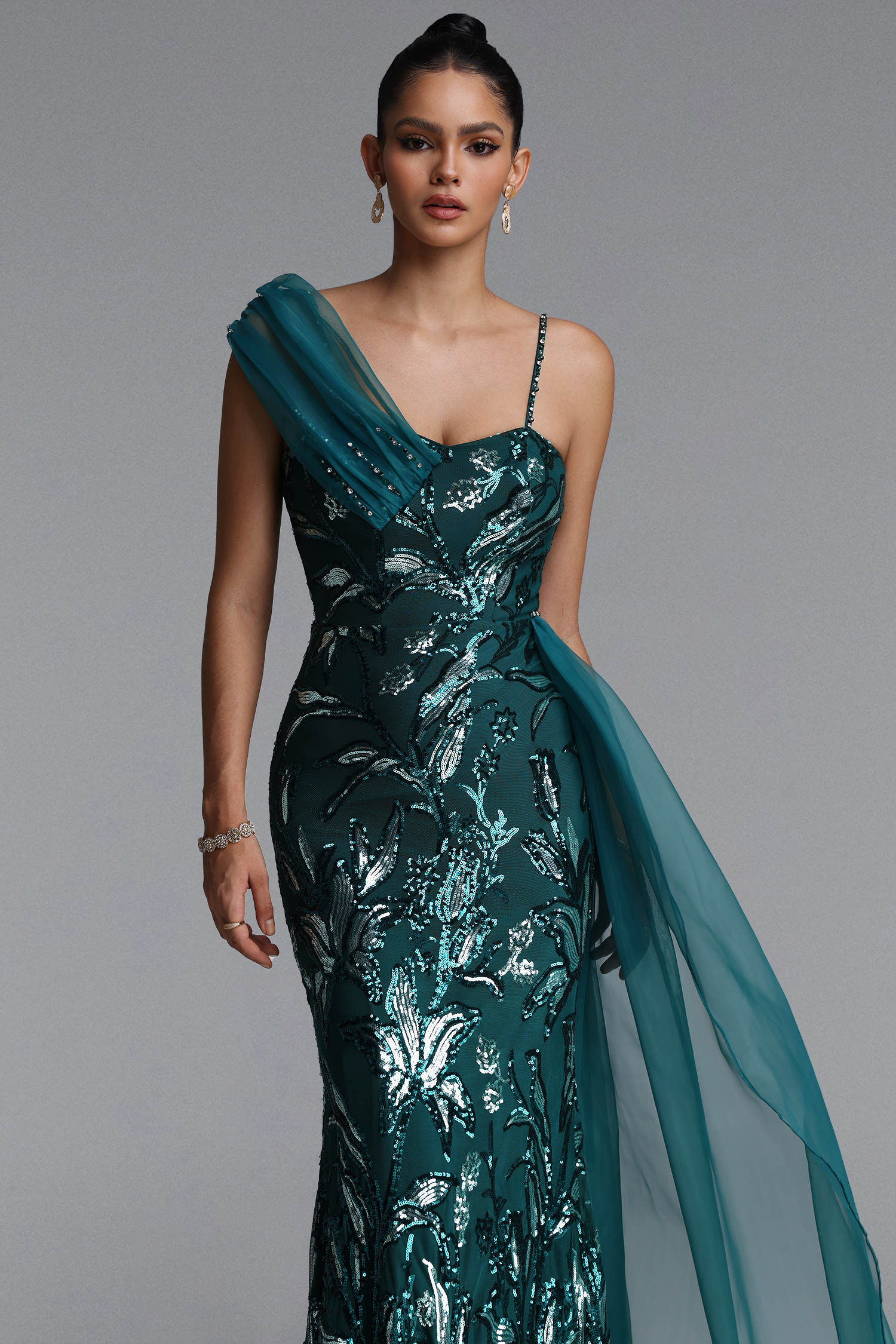 Jikia Glamorous Off Shoulder Floral Chiffon Side Train Sequin Maxi Dress
