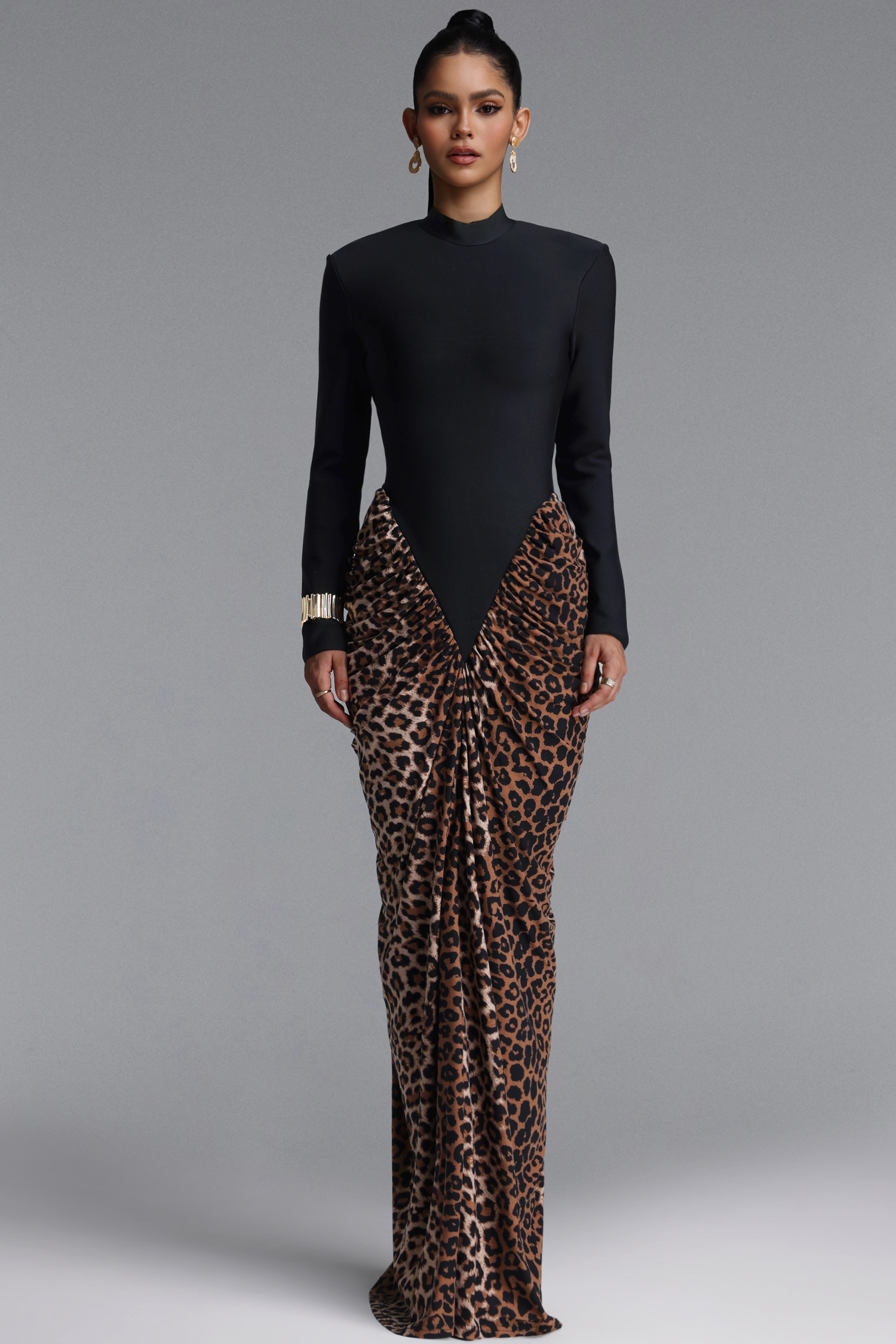 Classic High Neck Long Sleeve Color Block Draped Bandage Maxi Dress