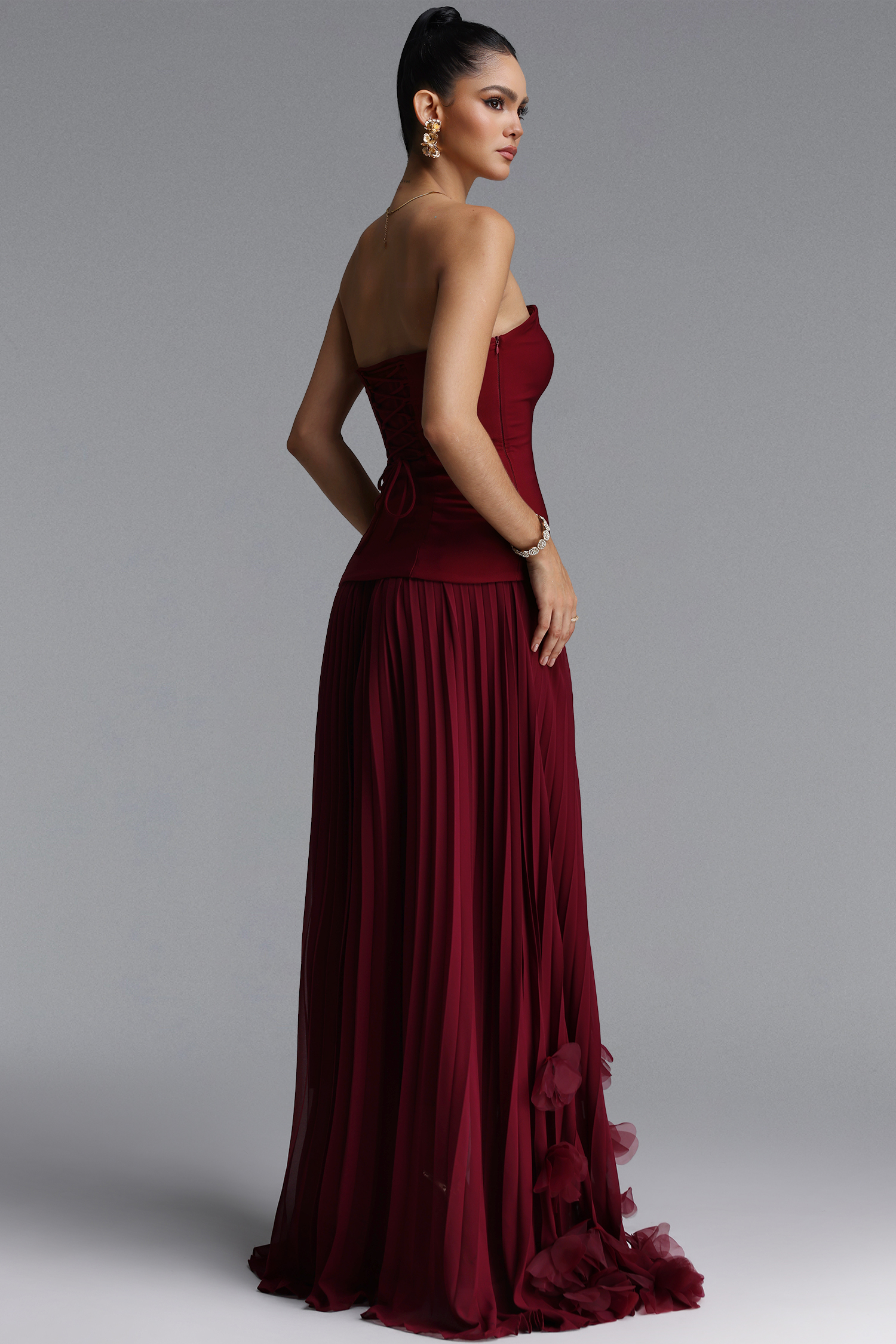 Nellie Elegant Strapless Ruched Floral Chiffon Maxi Dress