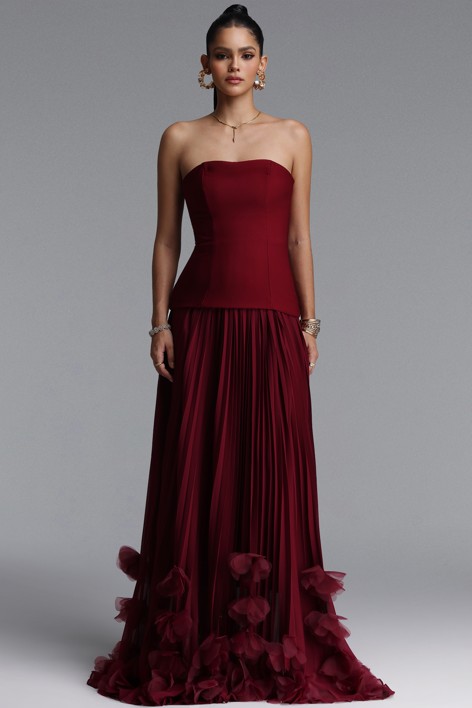 Nellie Elegant Strapless Ruched Floral Chiffon Maxi Dress