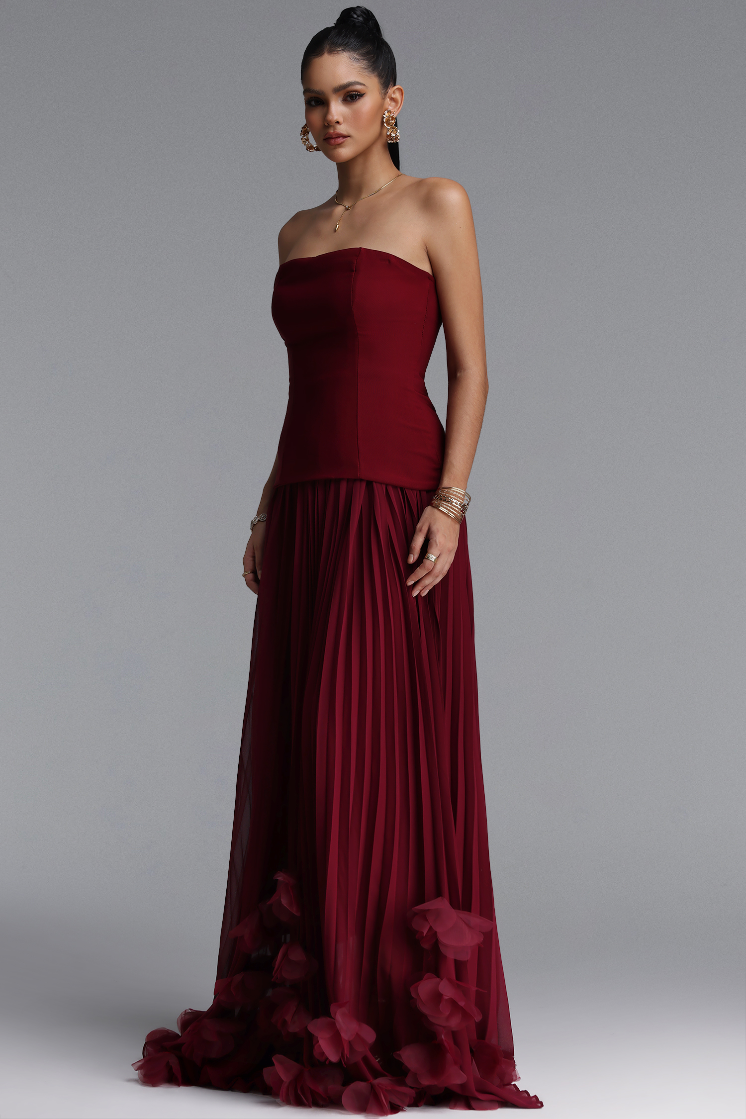 Nellie Elegant Strapless Ruched Floral Chiffon Maxi Dress