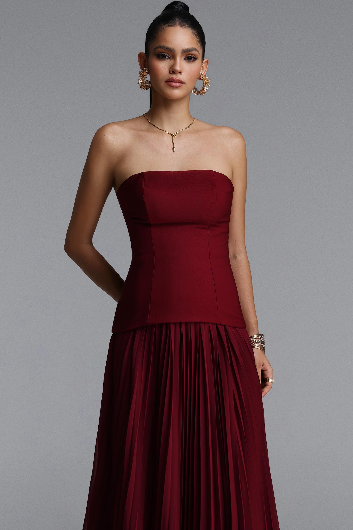 Nellie Elegant Strapless Ruched Floral Chiffon Maxi Dress
